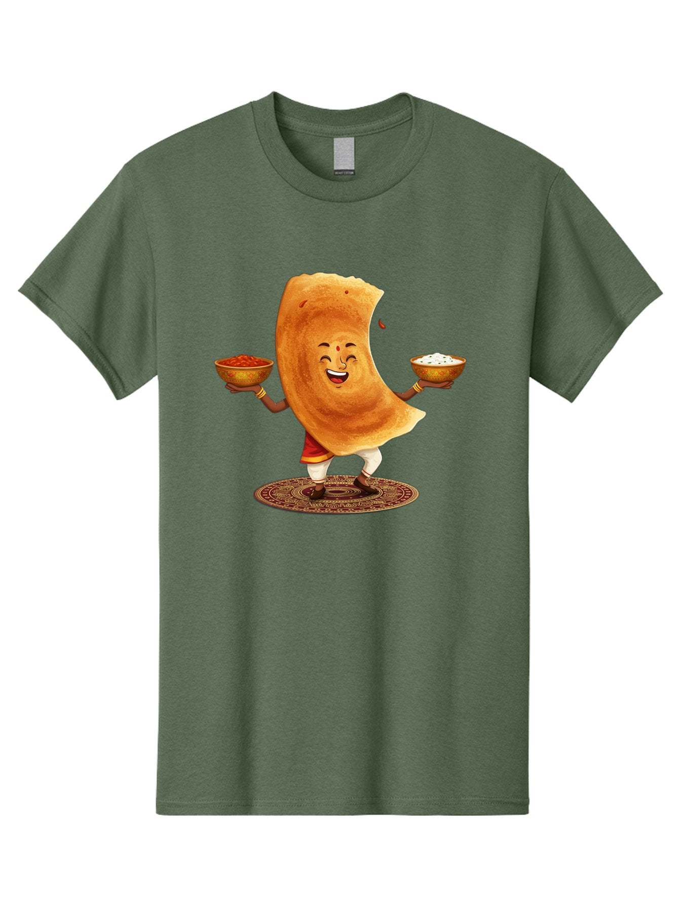 Happy-Dosa-With-Chutney Men'S Graphic Tee, 100% Cotton, Comfortable Casual Summer Wear, Machine Washable, Cartoon Roti Character, Indian Flatbread, Traditional Attire, Curry, Rice Bowls, Happy Expression, Cultural Representation, Baa783 15