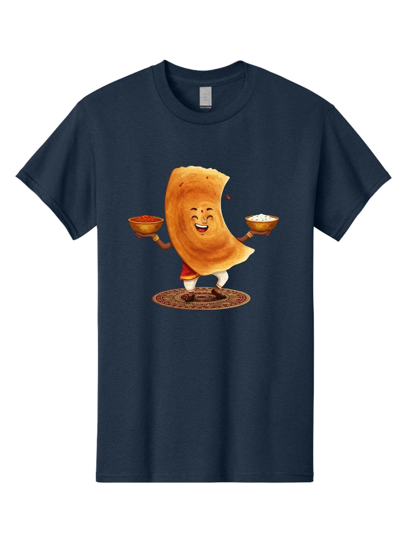 Happy-Dosa-With-Chutney Men'S Graphic Tee, 100% Cotton, Comfortable Casual Summer Wear, Machine Washable, Cartoon Roti Character, Indian Flatbread, Traditional Attire, Curry, Rice Bowls, Happy Expression, Cultural Representation, Baa783 7