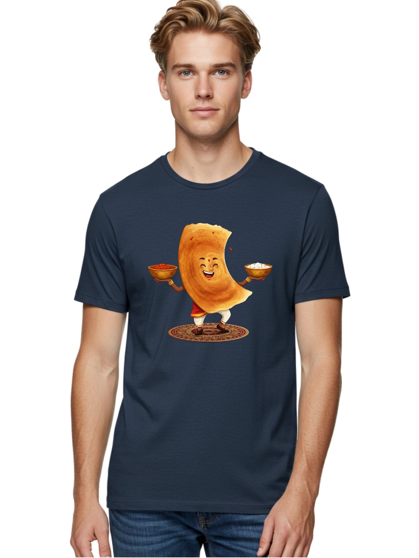 Happy-Dosa-With-Chutney Men'S Graphic Tee, 100% Cotton, Comfortable Casual Summer Wear, Machine Washable, Cartoon Roti Character, Indian Flatbread, Traditional Attire, Curry, Rice Bowls, Happy Expression, Cultural Representation, Baa783 16