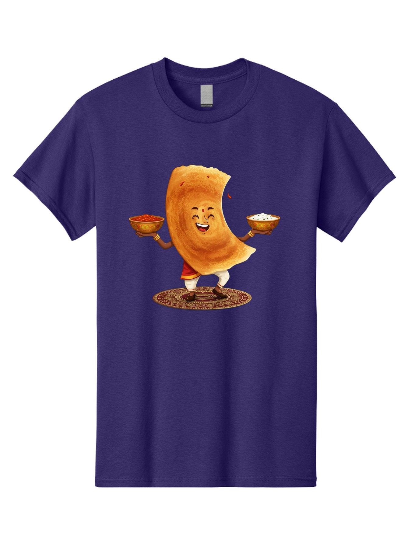 Happy-Dosa-With-Chutney Men'S Graphic Tee, 100% Cotton, Comfortable Casual Summer Wear, Machine Washable, Cartoon Roti Character, Indian Flatbread, Traditional Attire, Curry, Rice Bowls, Happy Expression, Cultural Representation, Baa783 4
