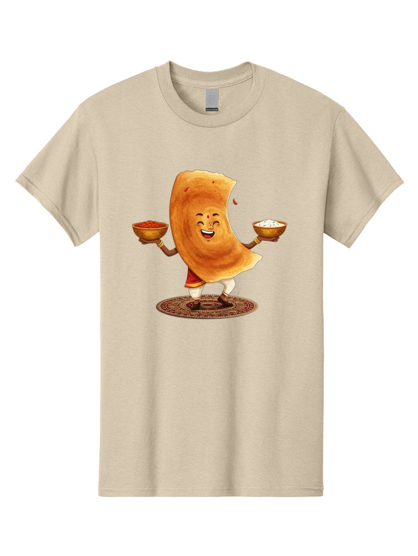 Happy-Dosa-With-Chutney Men'S Graphic Tee, 100% Cotton, Comfortable Casual Summer Wear, Machine Washable, Cartoon Roti Character, Indian Flatbread, Traditional Attire, Curry, Rice Bowls, Happy Expression, Cultural Representation, Baa783
