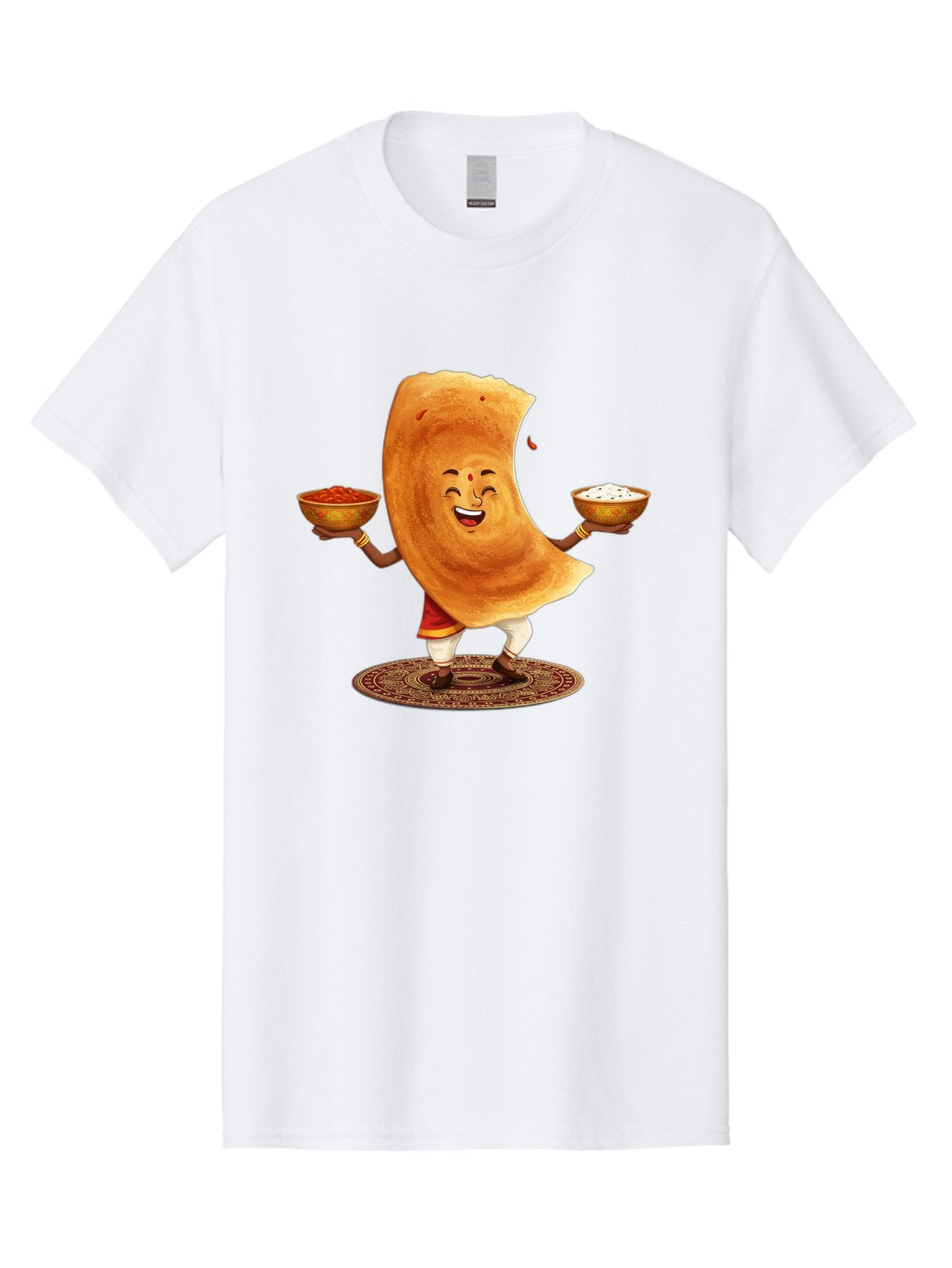 Happy-Dosa-With-Chutney Men'S Graphic Tee, 100% Cotton, Comfortable Casual Summer Wear, Machine Washable, Cartoon Roti Character, Indian Flatbread, Traditional Attire, Curry, Rice Bowls, Happy Expression, Cultural Representation, Baa783 12