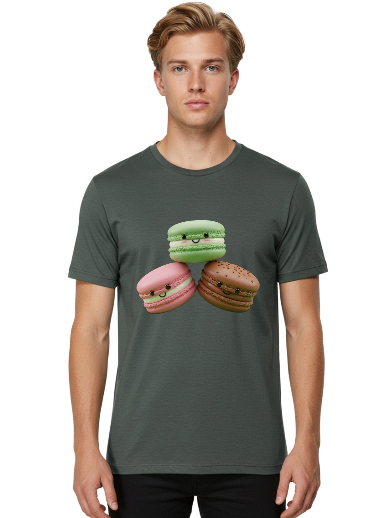 Happy-Macarons Men'S Graphic Tee, 100% Cotton, Comfortable Casual Summer Wear, Machine Washable, Cartoon Macarons, Smiling Faces, Pastel Colors, Cute Desserts, Sweet Treats, Dessert Art, French Macarons, Chocolate Macaron, Pink Macaron, Baa784 30