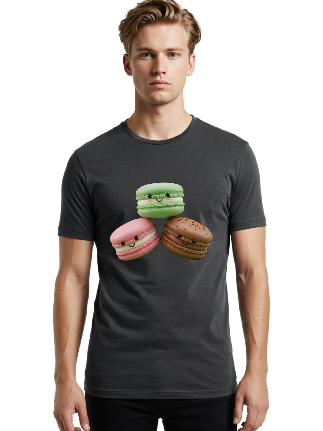 Happy-Macarons Men'S Graphic Tee, 100% Cotton, Comfortable Casual Summer Wear, Machine Washable, Cartoon Macarons, Smiling Faces, Pastel Colors, Cute Desserts, Sweet Treats, Dessert Art, French Macarons, Chocolate Macaron, Pink Macaron, Baa784 23