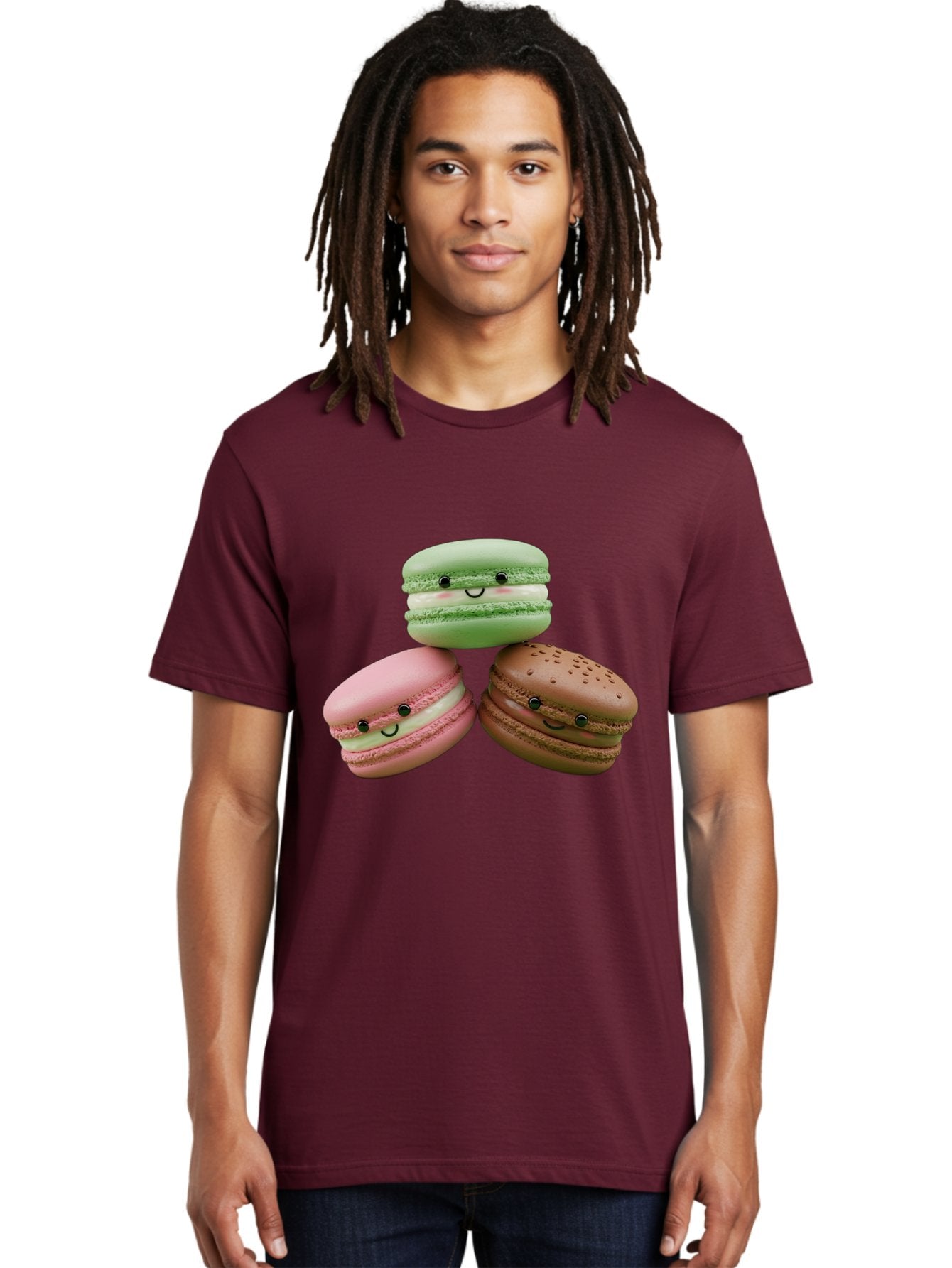Happy-Macarons Men'S Graphic Tee, 100% Cotton, Comfortable Casual Summer Wear, Machine Washable, Cartoon Macarons, Smiling Faces, Pastel Colors, Cute Desserts, Sweet Treats, Dessert Art, French Macarons, Chocolate Macaron, Pink Macaron, Baa784 21