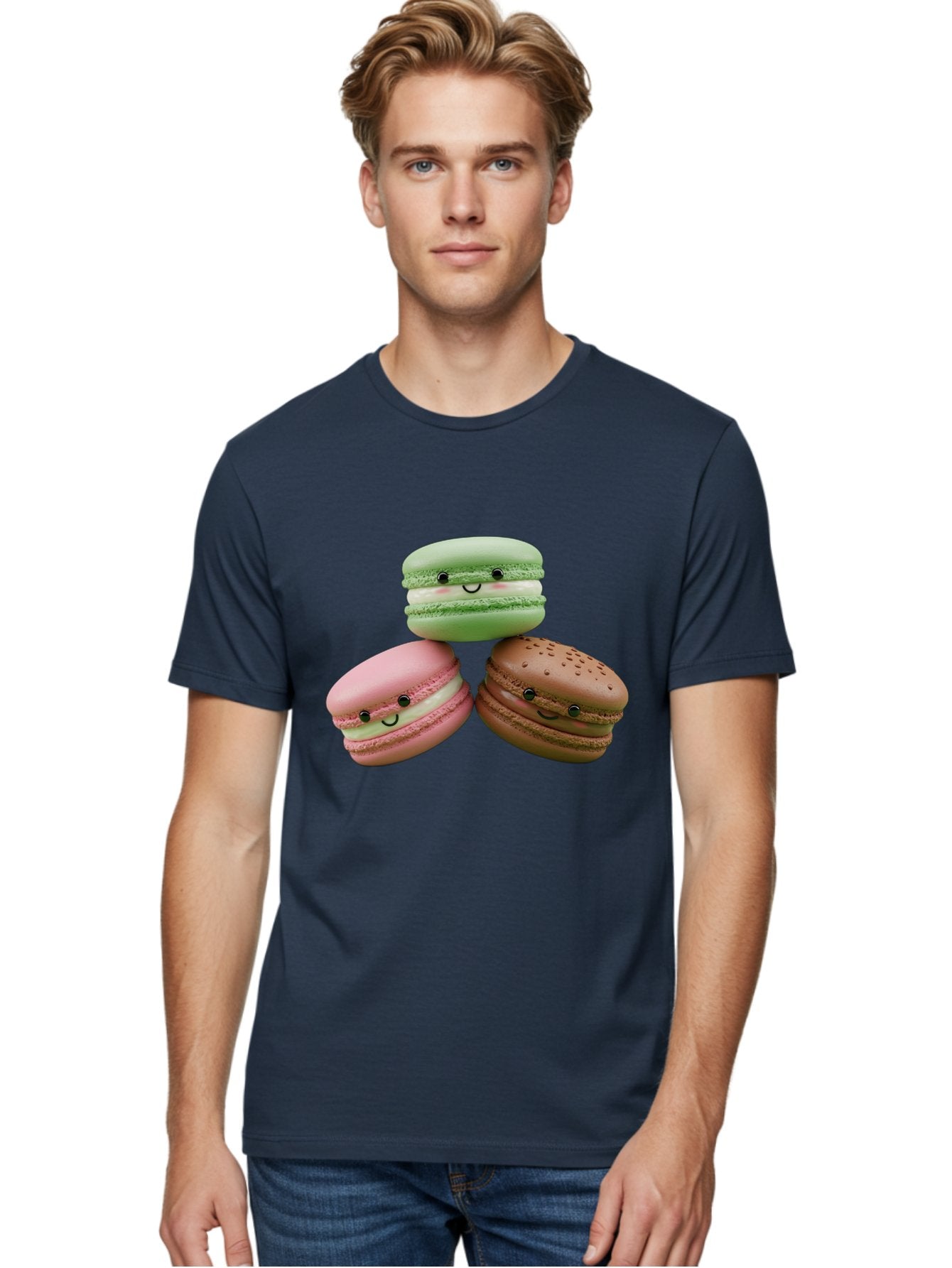 Happy-Macarons Men'S Graphic Tee, 100% Cotton, Comfortable Casual Summer Wear, Machine Washable, Cartoon Macarons, Smiling Faces, Pastel Colors, Cute Desserts, Sweet Treats, Dessert Art, French Macarons, Chocolate Macaron, Pink Macaron, Baa784 25