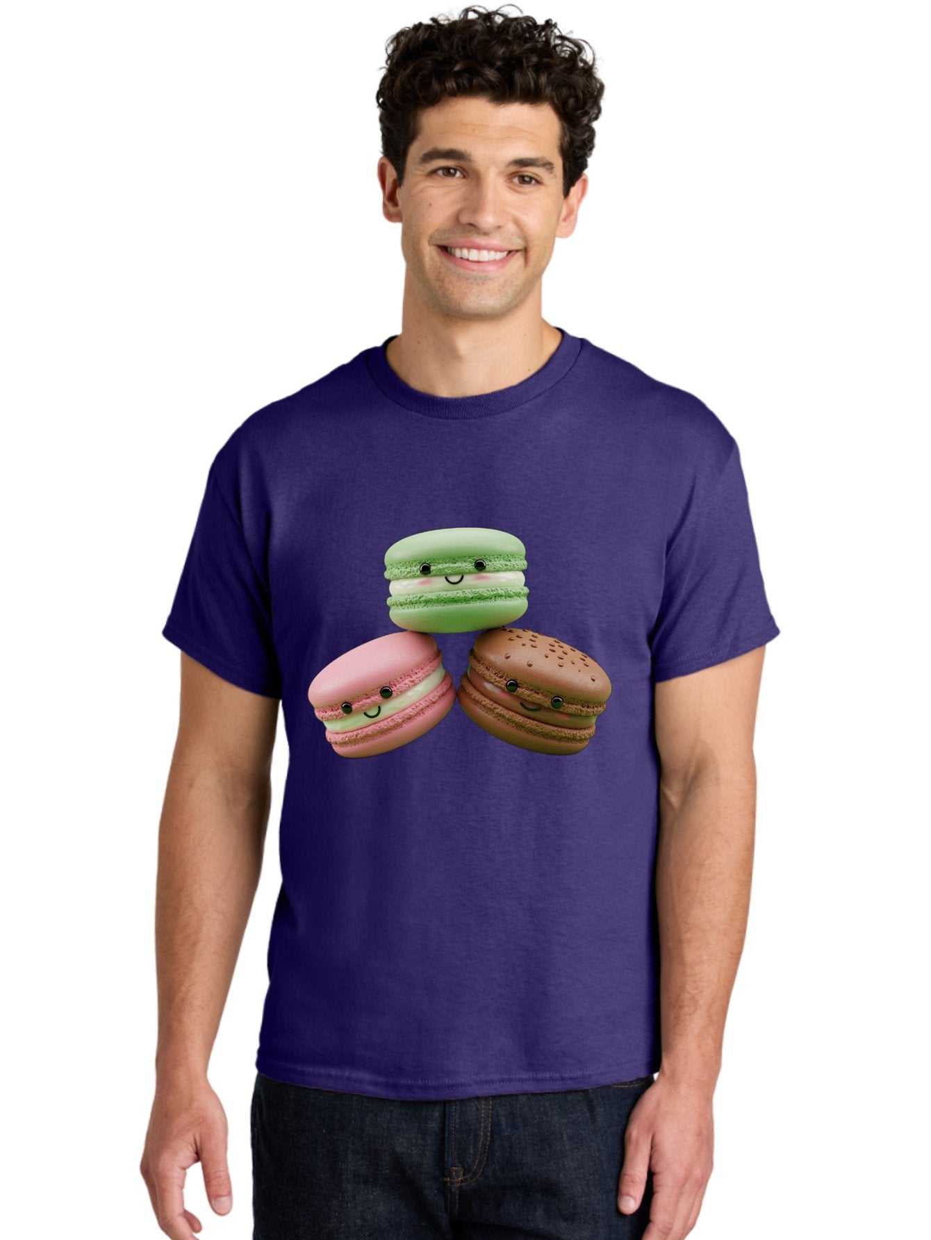 Happy-Macarons Men'S Graphic Tee, 100% Cotton, Comfortable Casual Summer Wear, Machine Washable, Cartoon Macarons, Smiling Faces, Pastel Colors, Cute Desserts, Sweet Treats, Dessert Art, French Macarons, Chocolate Macaron, Pink Macaron, Baa784 19
