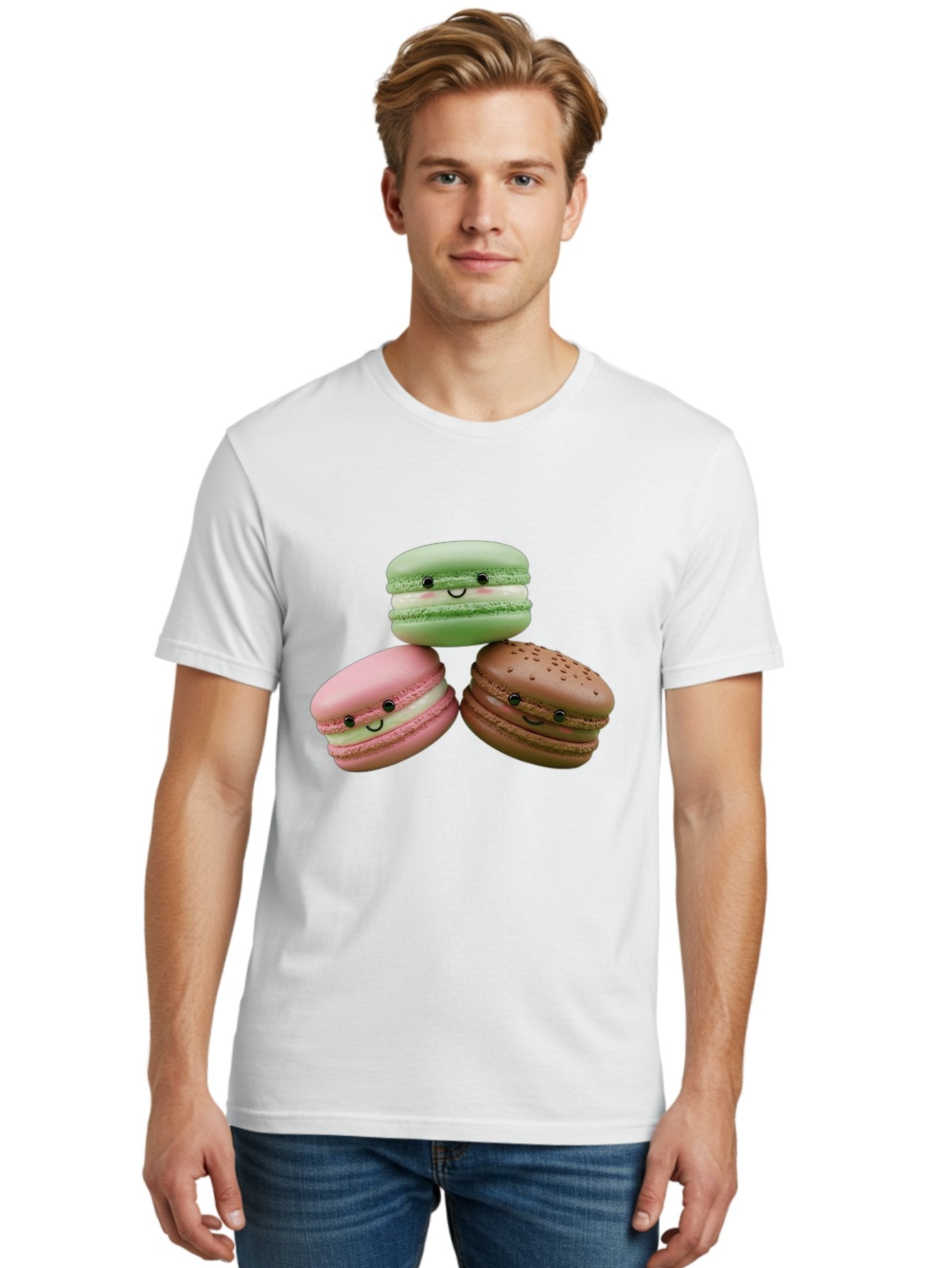 Happy-Macarons Men'S Graphic Tee, 100% Cotton, Comfortable Casual Summer Wear, Machine Washable, Cartoon Macarons, Smiling Faces, Pastel Colors, Cute Desserts, Sweet Treats, Dessert Art, French Macarons, Chocolate Macaron, Pink Macaron, Baa784 16