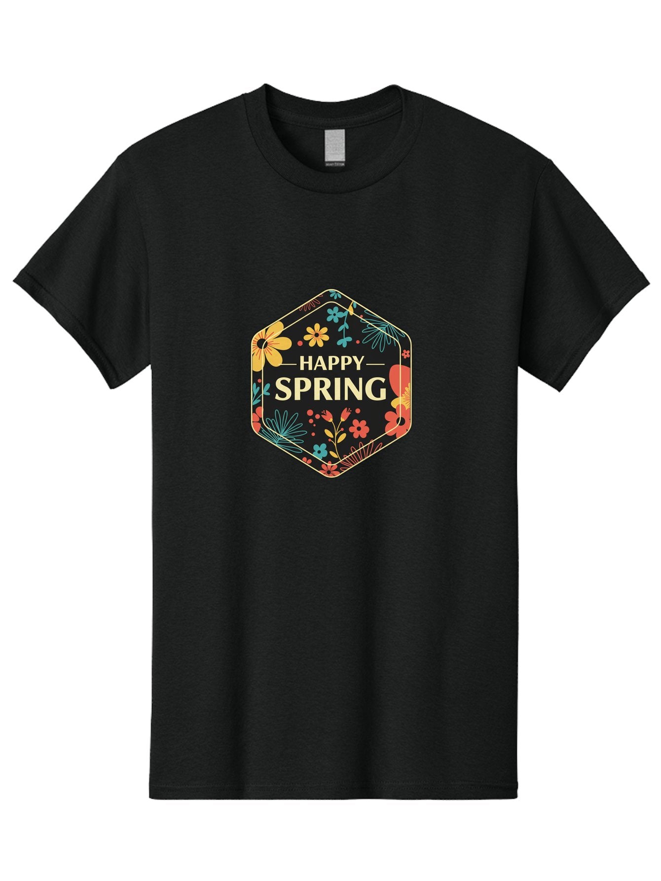 Happy-Spring Men'S Graphic Tee, 100% Cotton, Comfortable Casual Summer Wear, Machine Washable, Happy Spring, Floral Pattern, Colorful Flowers, Botanical Design, Spring Greeting, Yellow Text, Black Background, Vibrant Colors, Seasonal Theme, Baa785 10