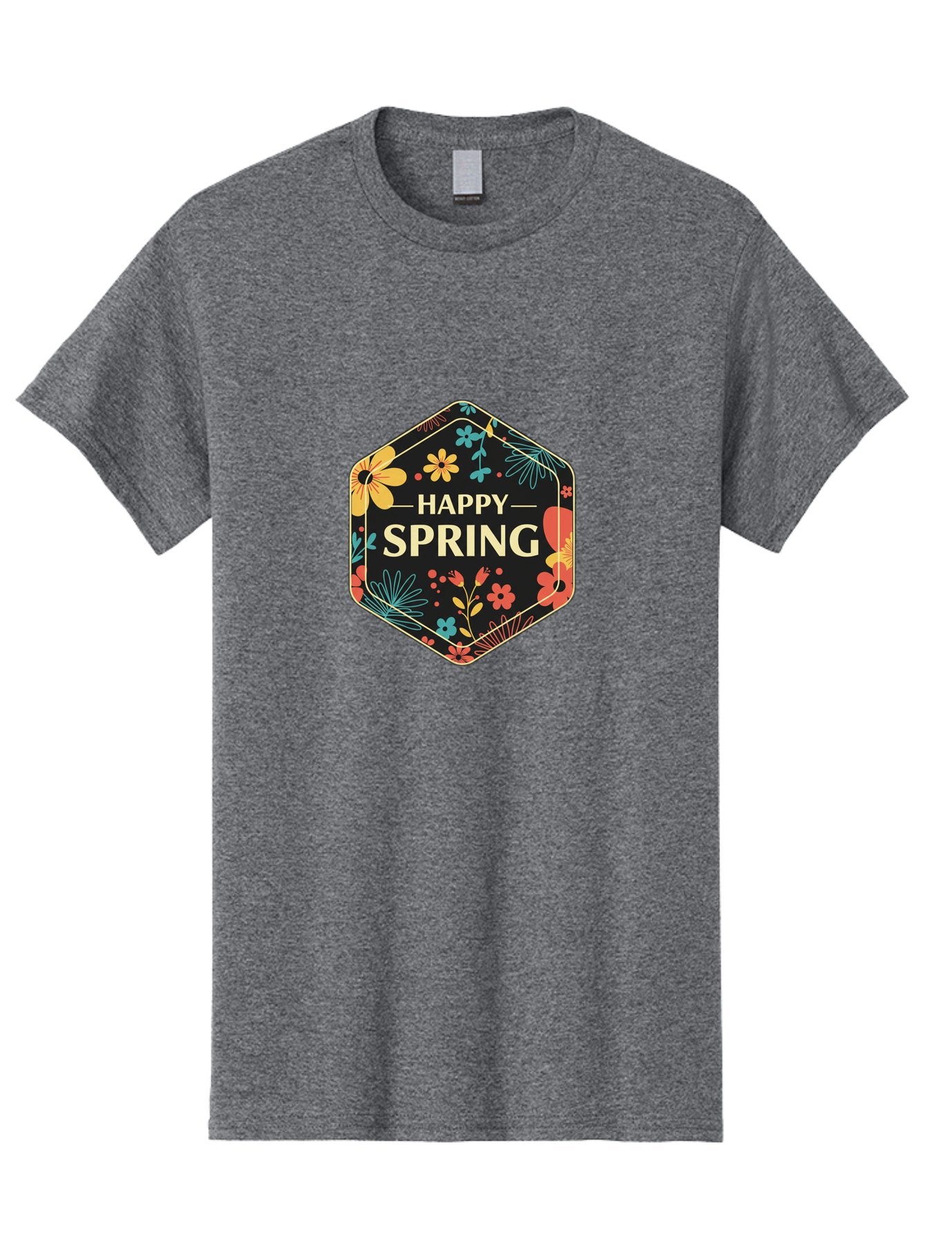 Happy-Spring Men'S Graphic Tee, 100% Cotton, Comfortable Casual Summer Wear, Machine Washable, Happy Spring, Floral Pattern, Colorful Flowers, Botanical Design, Spring Greeting, Yellow Text, Black Background, Vibrant Colors, Seasonal Theme, Baa785 7