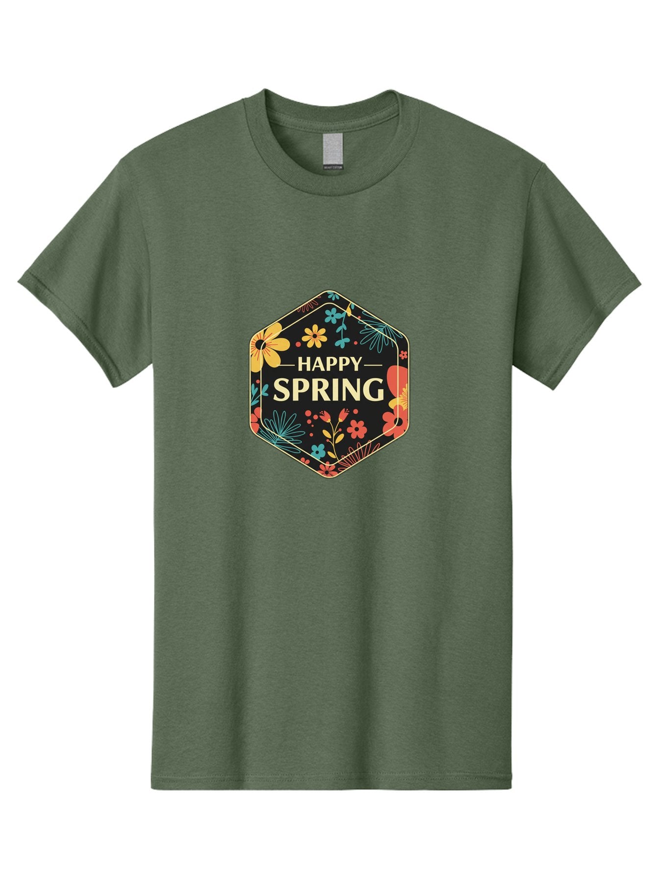 Happy-Spring Men'S Graphic Tee, 100% Cotton, Comfortable Casual Summer Wear, Machine Washable, Happy Spring, Floral Pattern, Colorful Flowers, Botanical Design, Spring Greeting, Yellow Text, Black Background, Vibrant Colors, Seasonal Theme, Baa785 13