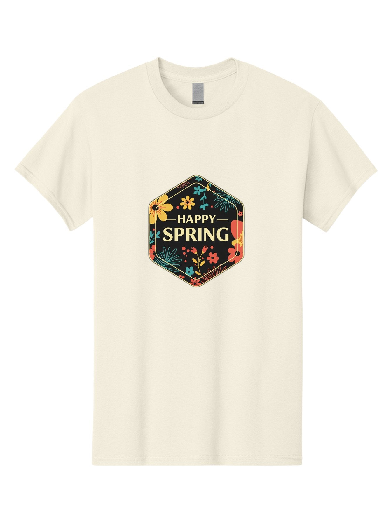 Happy-Spring Men'S Graphic Tee, 100% Cotton, Comfortable Casual Summer Wear, Machine Washable, Happy Spring, Floral Pattern, Colorful Flowers, Botanical Design, Spring Greeting, Yellow Text, Black Background, Vibrant Colors, Seasonal Theme, Baa785 5