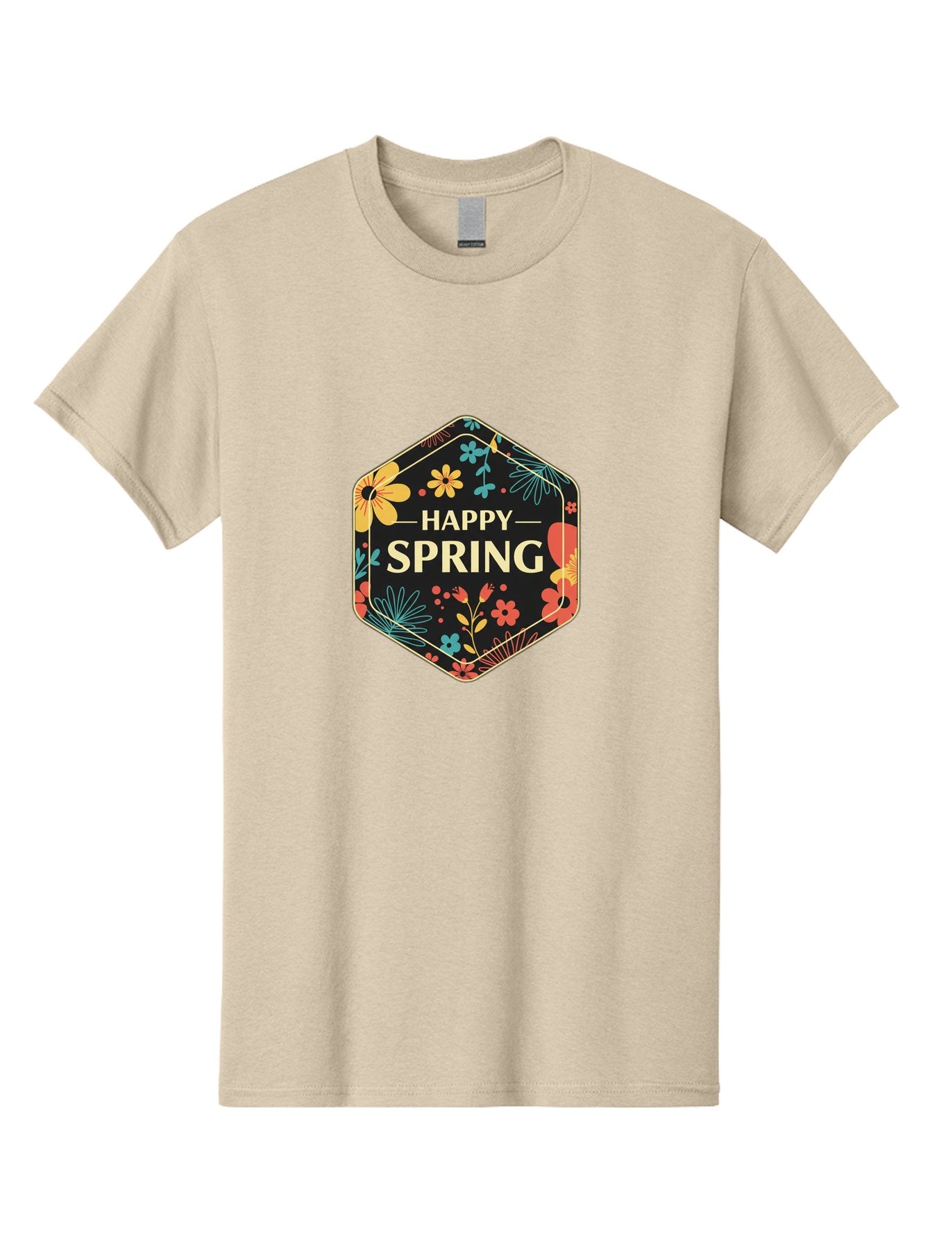 Happy-Spring Men'S Graphic Tee, 100% Cotton, Comfortable Casual Summer Wear, Machine Washable, Happy Spring, Floral Pattern, Colorful Flowers, Botanical Design, Spring Greeting, Yellow Text, Black Background, Vibrant Colors, Seasonal Theme, Baa785 3