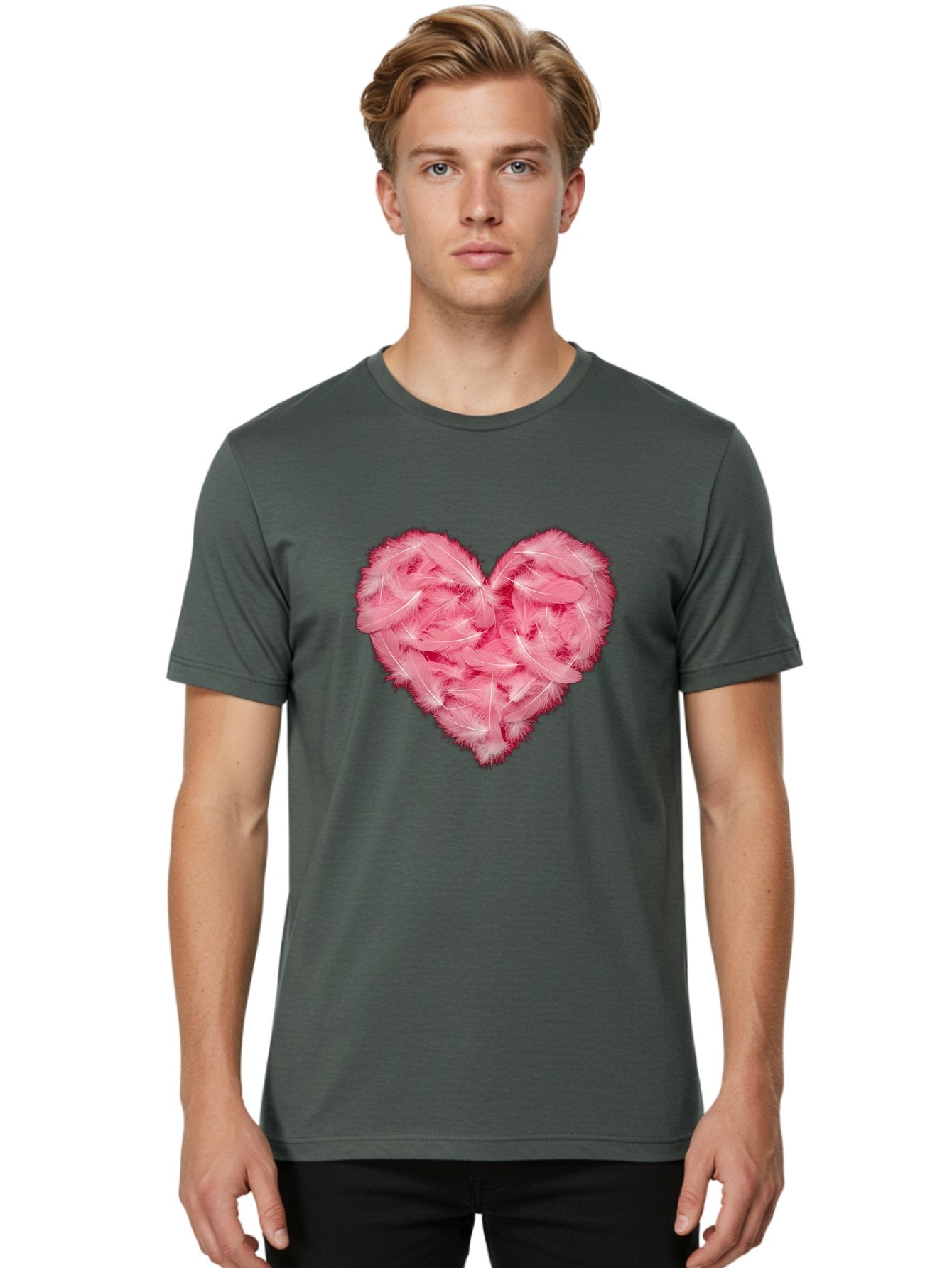 Heart-Of-Feathers Men'S Graphic Tee, 100% Cotton, Comfortable Casual Summer Wear, Machine Washable, Pink Feather Heart, Love Symbol, Soft Texture, Delicate Feathers, Romantic Gesture, Tender Heart, Loving Feeling Baa787 20