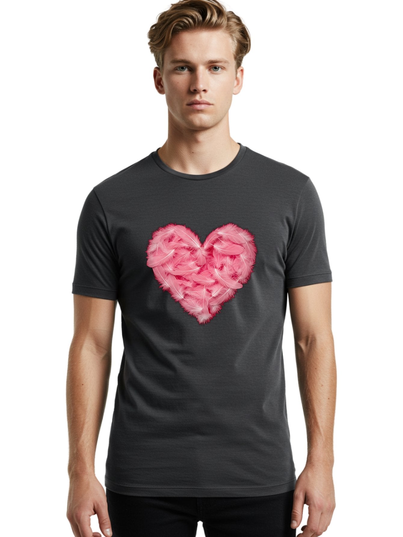 Heart-Of-Feathers Men'S Graphic Tee, 100% Cotton, Comfortable Casual Summer Wear, Machine Washable, Pink Feather Heart, Love Symbol, Soft Texture, Delicate Feathers, Romantic Gesture, Tender Heart, Loving Feeling Baa787 25