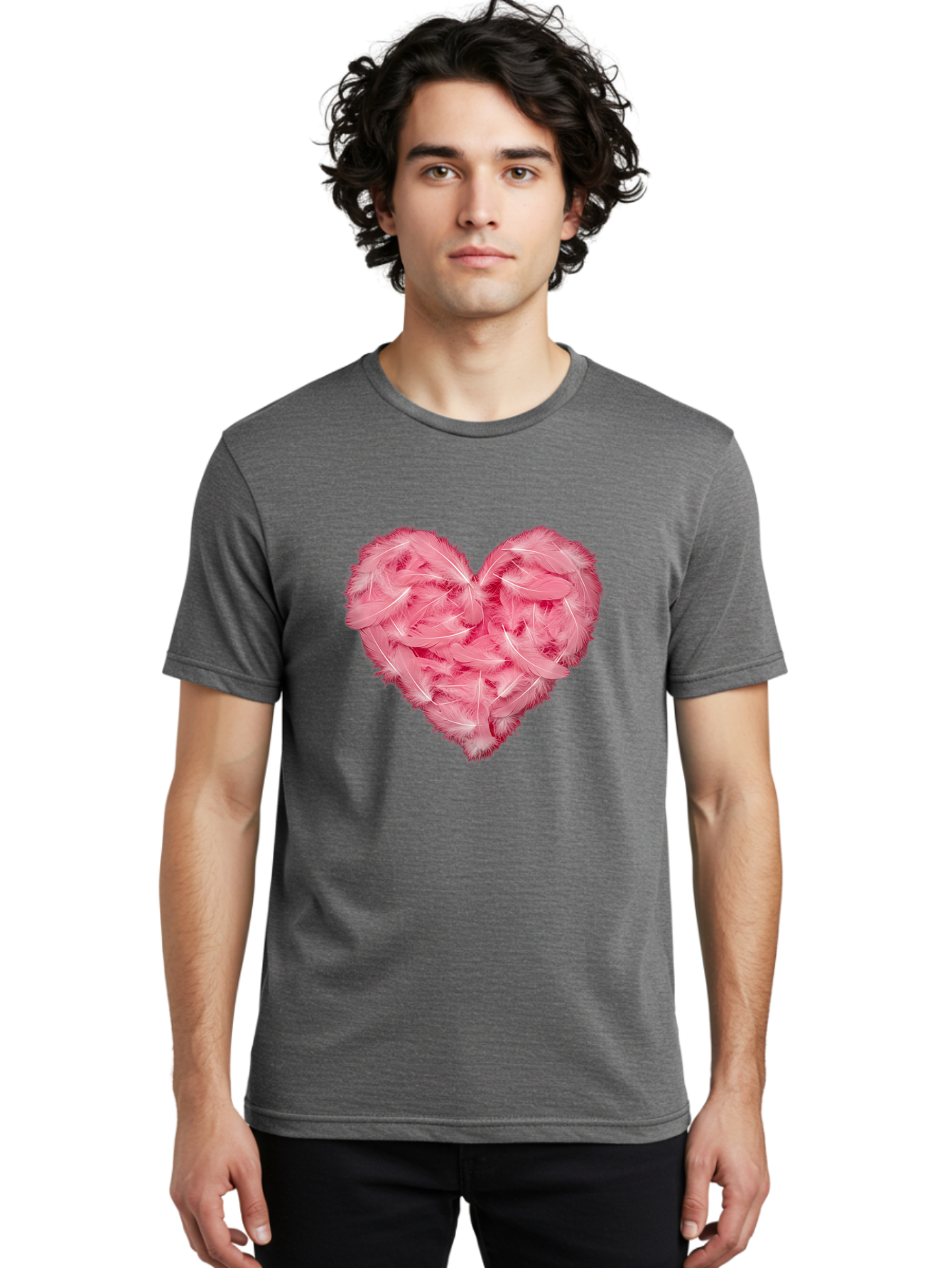 Heart-Of-Feathers Men'S Graphic Tee, 100% Cotton, Comfortable Casual Summer Wear, Machine Washable, Pink Feather Heart, Love Symbol, Soft Texture, Delicate Feathers, Romantic Gesture, Tender Heart, Loving Feeling Baa787