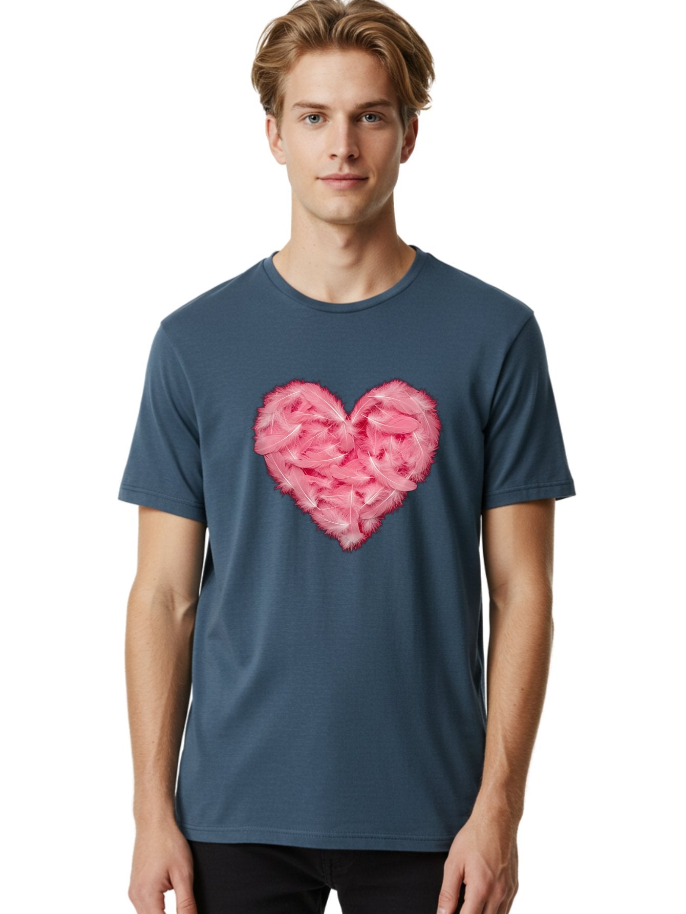 Heart-Of-Feathers Men'S Graphic Tee, 100% Cotton, Comfortable Casual Summer Wear, Machine Washable, Pink Feather Heart, Love Symbol, Soft Texture, Delicate Feathers, Romantic Gesture, Tender Heart, Loving Feeling Baa787 21