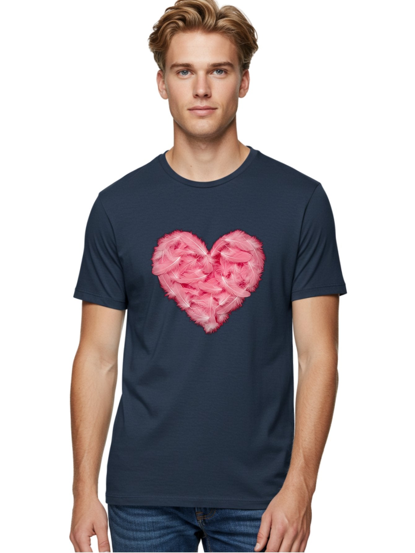 Heart-Of-Feathers Men'S Graphic Tee, 100% Cotton, Comfortable Casual Summer Wear, Machine Washable, Pink Feather Heart, Love Symbol, Soft Texture, Delicate Feathers, Romantic Gesture, Tender Heart, Loving Feeling Baa787 22