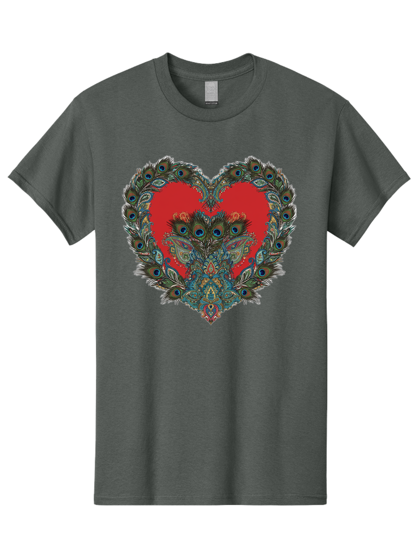 Heart-Peacock Men'S Graphic Tee, 100% Cotton, Comfortable Casual Summer Wear, Machine Washable, Heart Shape, Peacock Feathers, Red Heart, Blue Eyes, Colorful Design, Intricate Patterns, Symbolic Heart, Vibrant Colors, Emotional Expression, Baa788 13