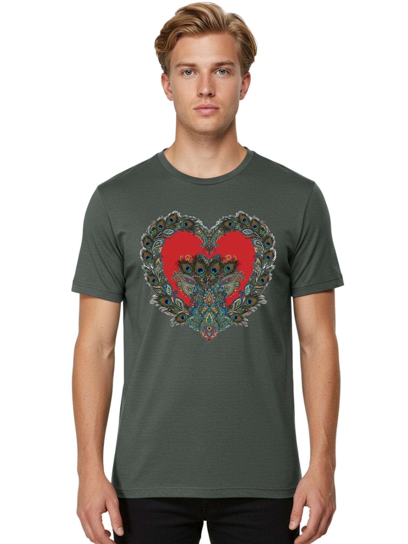 Heart-Peacock Men'S Graphic Tee, 100% Cotton, Comfortable Casual Summer Wear, Machine Washable, Heart Shape, Peacock Feathers, Red Heart, Blue Eyes, Colorful Design, Intricate Patterns, Symbolic Heart, Vibrant Colors, Emotional Expression, Baa788 24