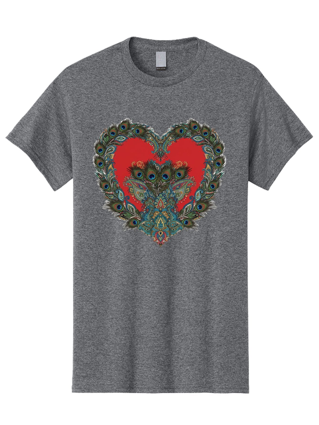 Heart-Peacock Men'S Graphic Tee, 100% Cotton, Comfortable Casual Summer Wear, Machine Washable, Heart Shape, Peacock Feathers, Red Heart, Blue Eyes, Colorful Design, Intricate Patterns, Symbolic Heart, Vibrant Colors, Emotional Expression, Baa788 11