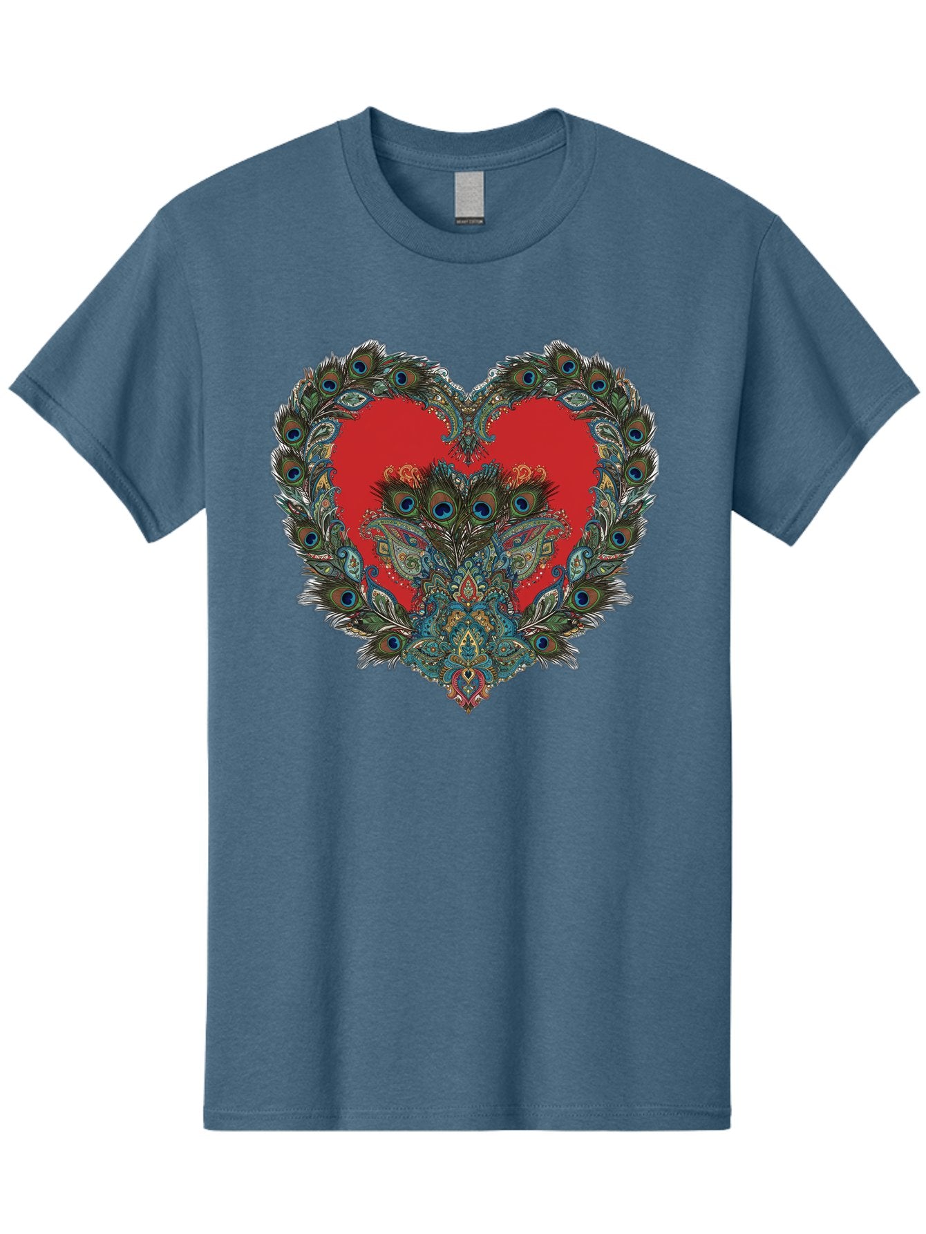 Heart-Peacock Men'S Graphic Tee, 100% Cotton, Comfortable Casual Summer Wear, Machine Washable, Heart Shape, Peacock Feathers, Red Heart, Blue Eyes, Colorful Design, Intricate Patterns, Symbolic Heart, Vibrant Colors, Emotional Expression, Baa788 9