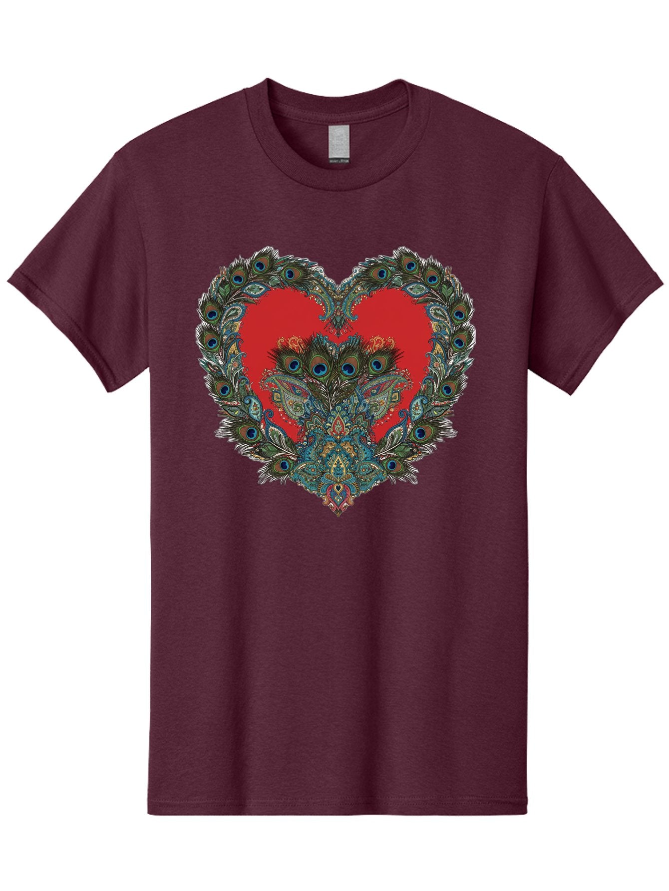 Heart-Peacock Men'S Graphic Tee, 100% Cotton, Comfortable Casual Summer Wear, Machine Washable, Heart Shape, Peacock Feathers, Red Heart, Blue Eyes, Colorful Design, Intricate Patterns, Symbolic Heart, Vibrant Colors, Emotional Expression, Baa788