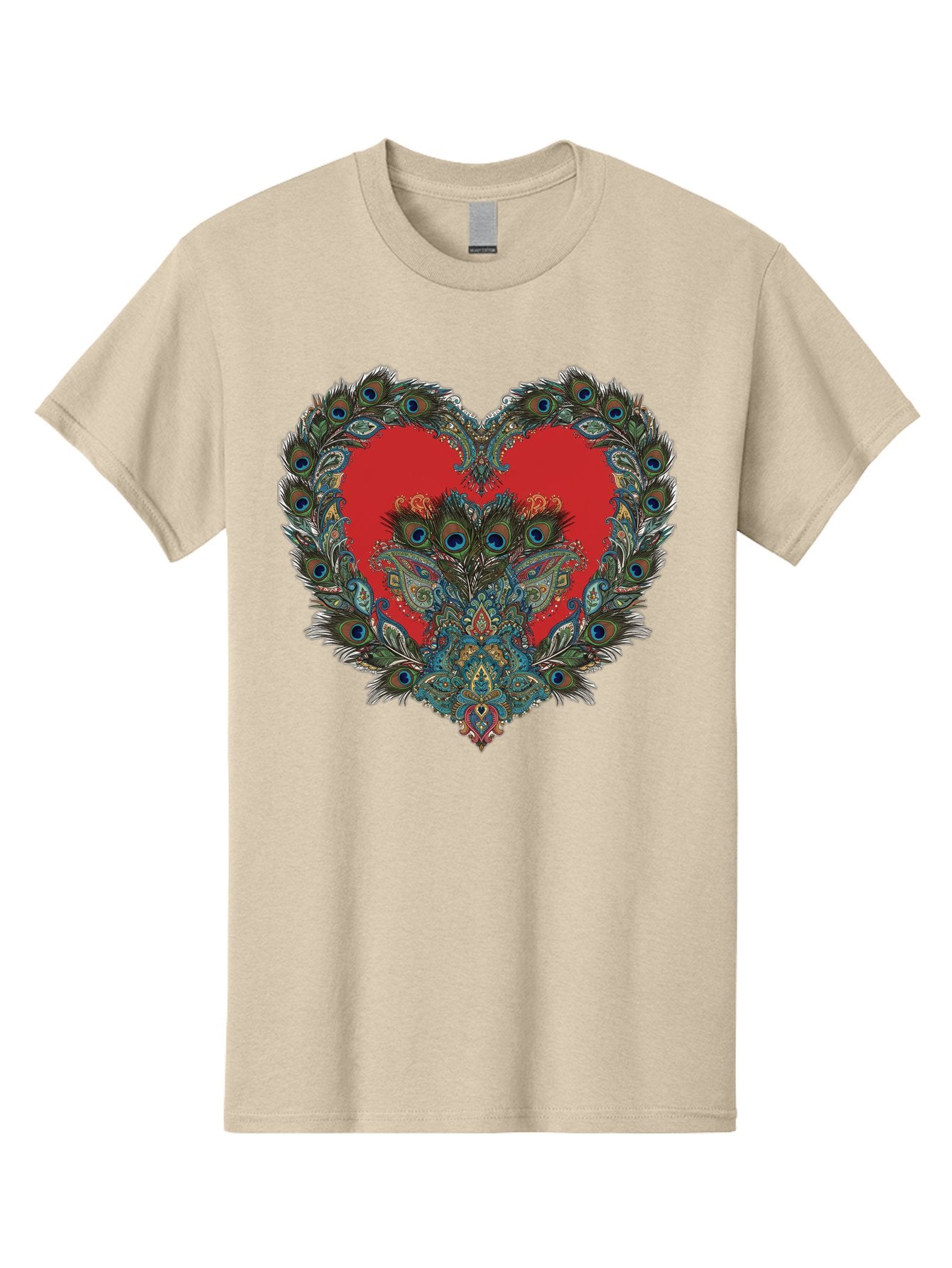 Heart-Peacock Men'S Graphic Tee, 100% Cotton, Comfortable Casual Summer Wear, Machine Washable, Heart Shape, Peacock Feathers, Red Heart, Blue Eyes, Colorful Design, Intricate Patterns, Symbolic Heart, Vibrant Colors, Emotional Expression, Baa788 14