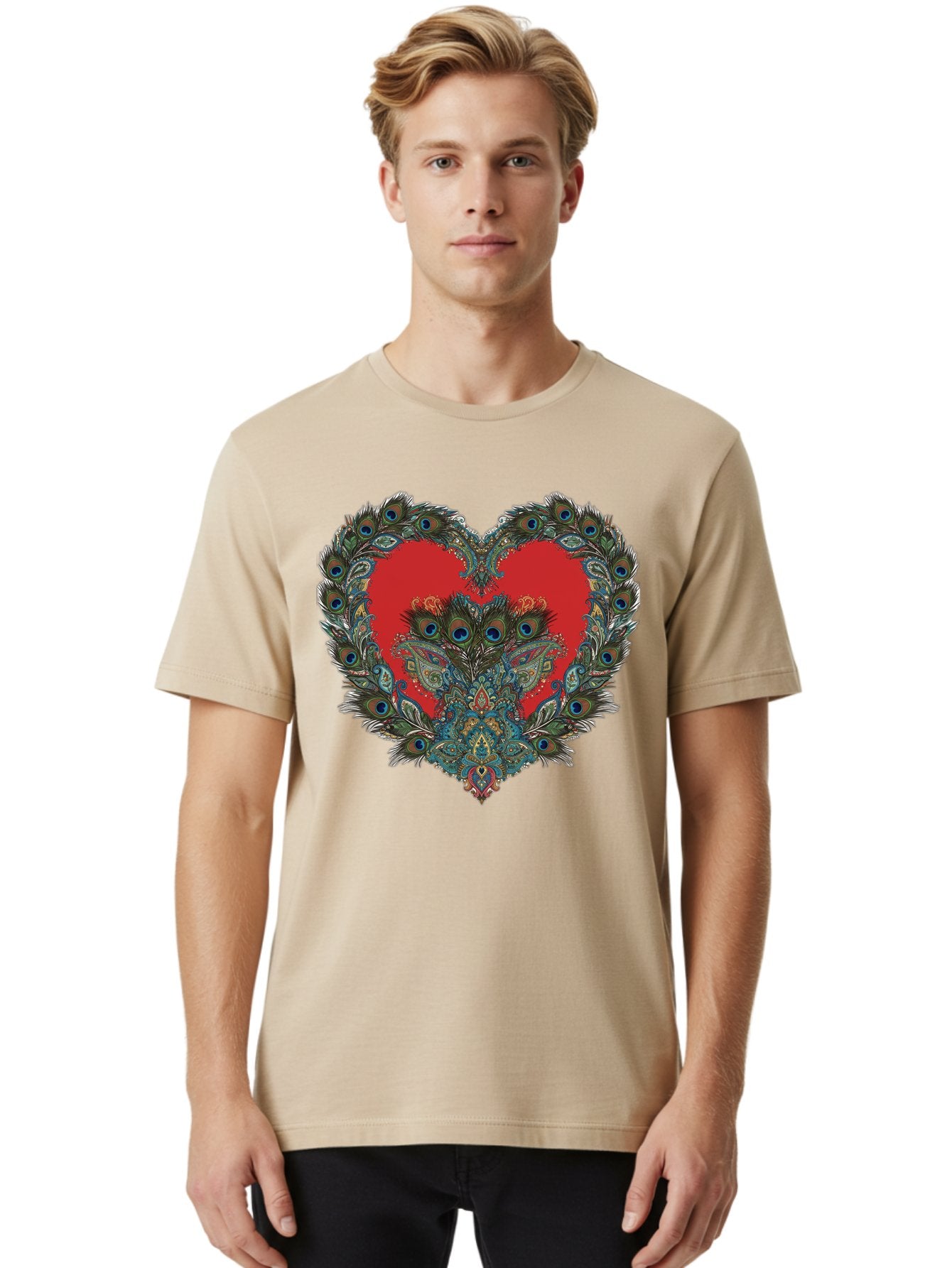 Heart-Peacock Men'S Graphic Tee, 100% Cotton, Comfortable Casual Summer Wear, Machine Washable, Heart Shape, Peacock Feathers, Red Heart, Blue Eyes, Colorful Design, Intricate Patterns, Symbolic Heart, Vibrant Colors, Emotional Expression, Baa788 29