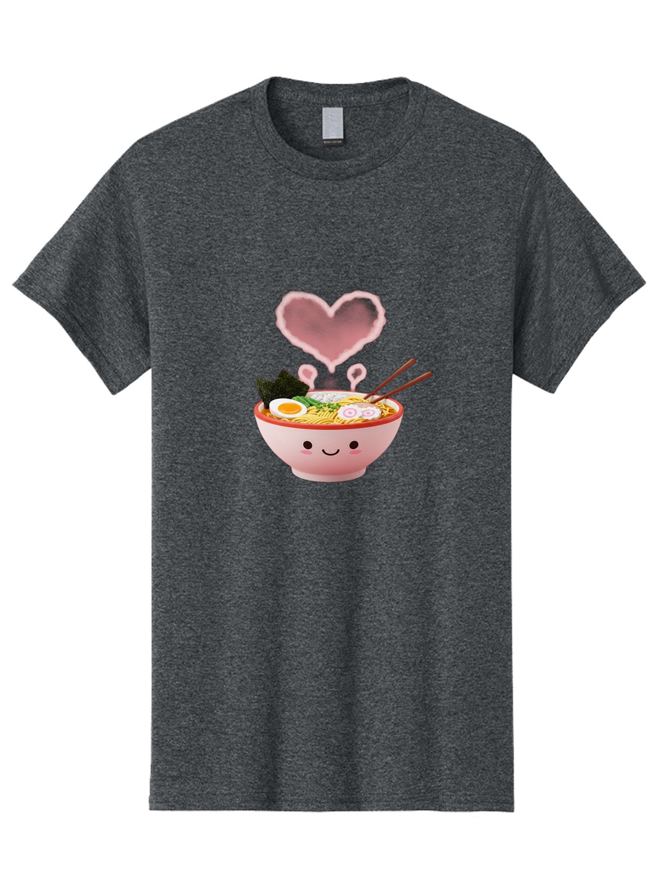 Heart-Ramen Men'S Graphic Tee, 100% Cotton, Comfortable Casual Summer Wear, Machine Washable, Cartoon Ramen Bowl, Cute Noodles, Adorable Meal, Steaming Hot, Pink Heart, Chopsticks, Egg, Seaweed, Tasty Food, Kawaii Culture, Japanese Cuisine, Baa789
