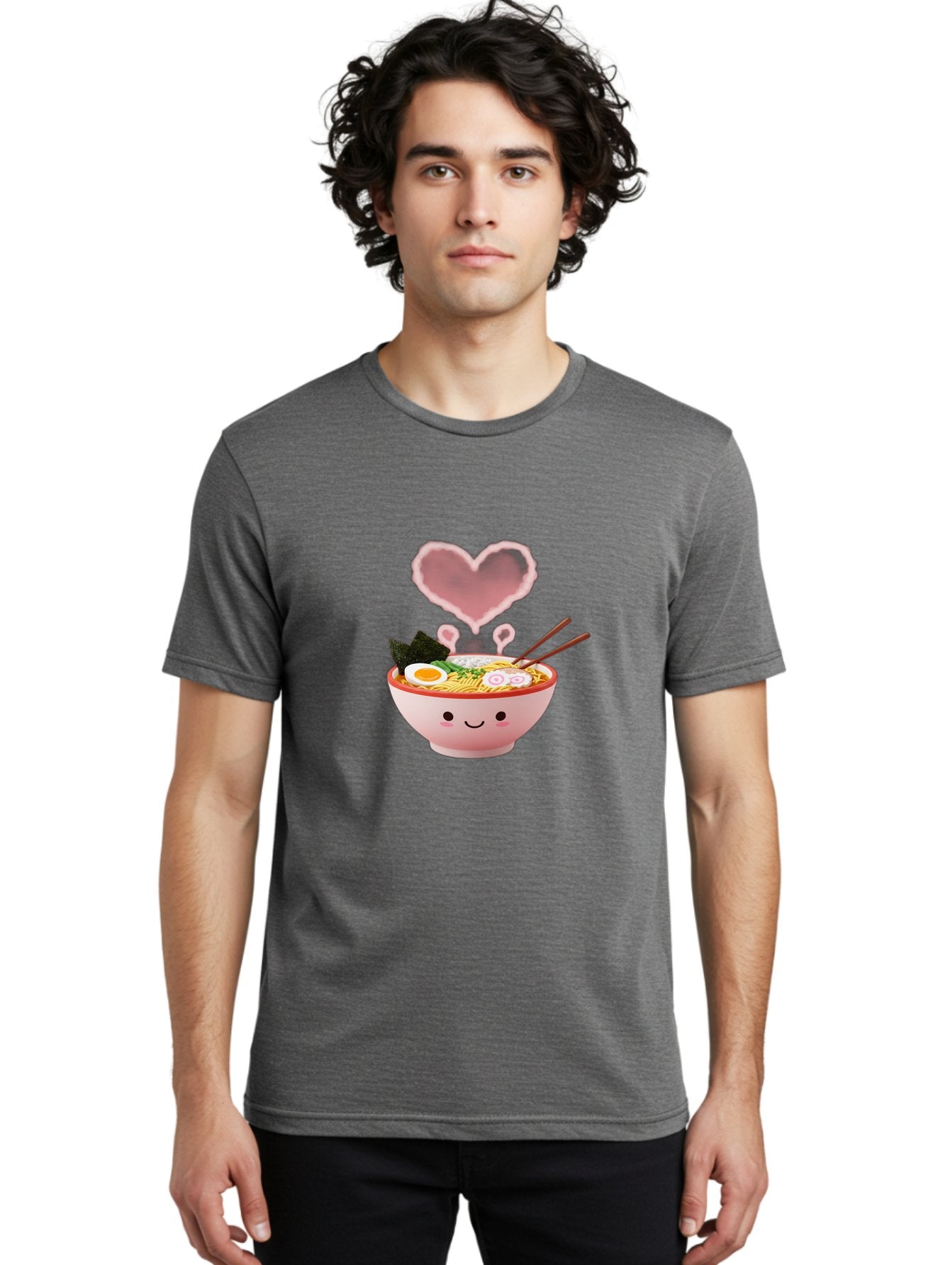 Heart-Ramen Men'S Graphic Tee, 100% Cotton, Comfortable Casual Summer Wear, Machine Washable, Cartoon Ramen Bowl, Cute Noodles, Adorable Meal, Steaming Hot, Pink Heart, Chopsticks, Egg, Seaweed, Tasty Food, Kawaii Culture, Japanese Cuisine, Baa789 30