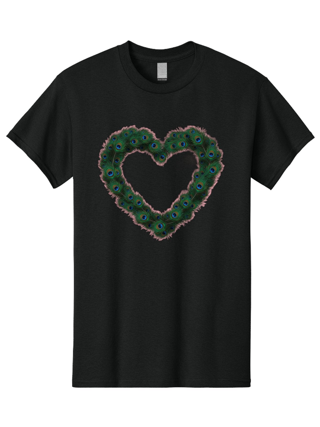 Heart-Shape-Peacock-Feathers Men'S Graphic Tee, 100% Cotton, Comfortable Casual Summer Wear, Machine Washable, Heart Shaped Peacock Feathers, Eye-Catching Design, Vibrant Blue And Green Hues, Symbol Of Love, Decorative Art, Colorful Pattern, Baa790 11