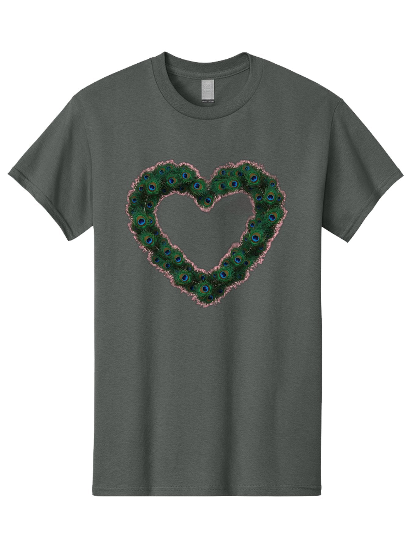 Heart-Shape-Peacock-Feathers Men'S Graphic Tee, 100% Cotton, Comfortable Casual Summer Wear, Machine Washable, Heart Shaped Peacock Feathers, Eye-Catching Design, Vibrant Blue And Green Hues, Symbol Of Love, Decorative Art, Colorful Pattern, Baa790 4