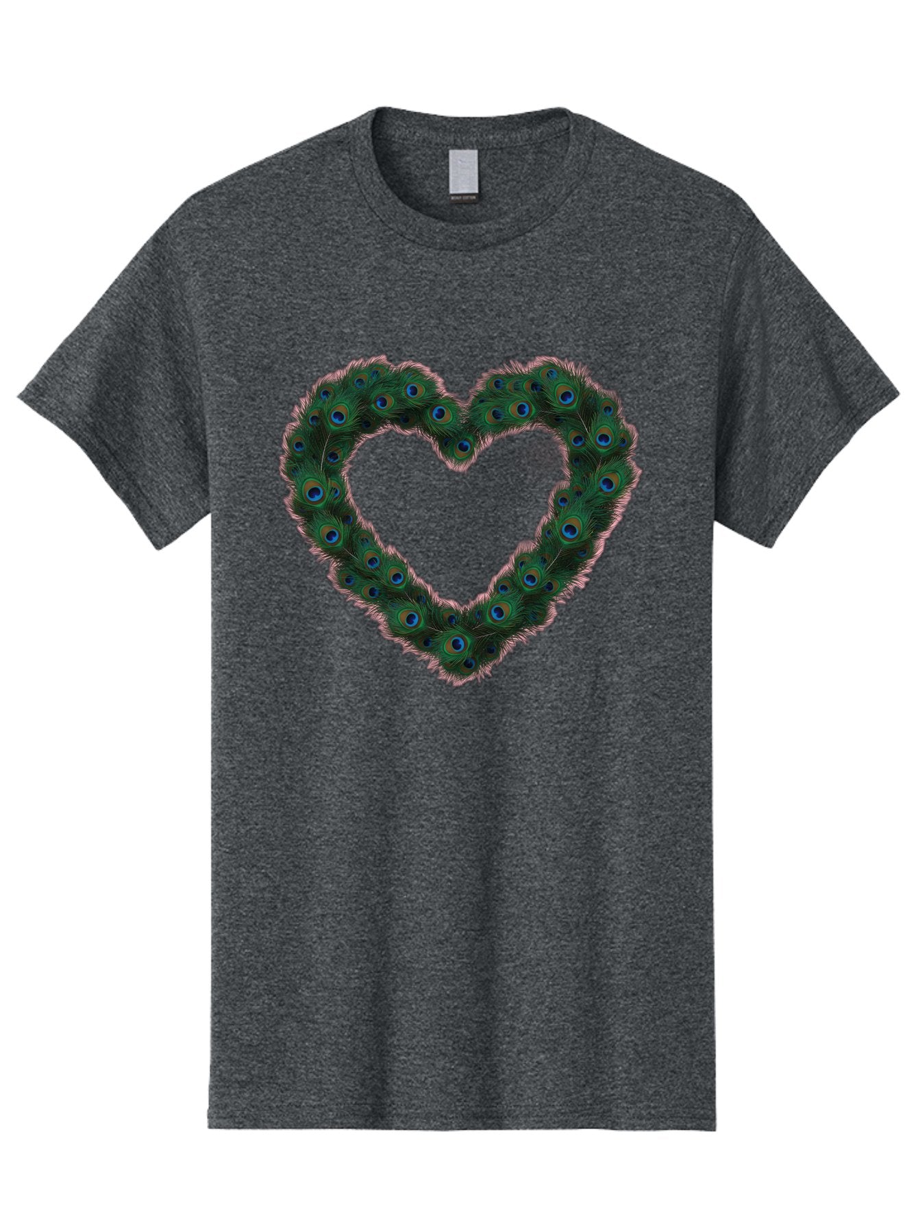 Heart-Shape-Peacock-Feathers Men'S Graphic Tee, 100% Cotton, Comfortable Casual Summer Wear, Machine Washable, Heart Shaped Peacock Feathers, Eye-Catching Design, Vibrant Blue And Green Hues, Symbol Of Love, Decorative Art, Colorful Pattern, Baa790 6