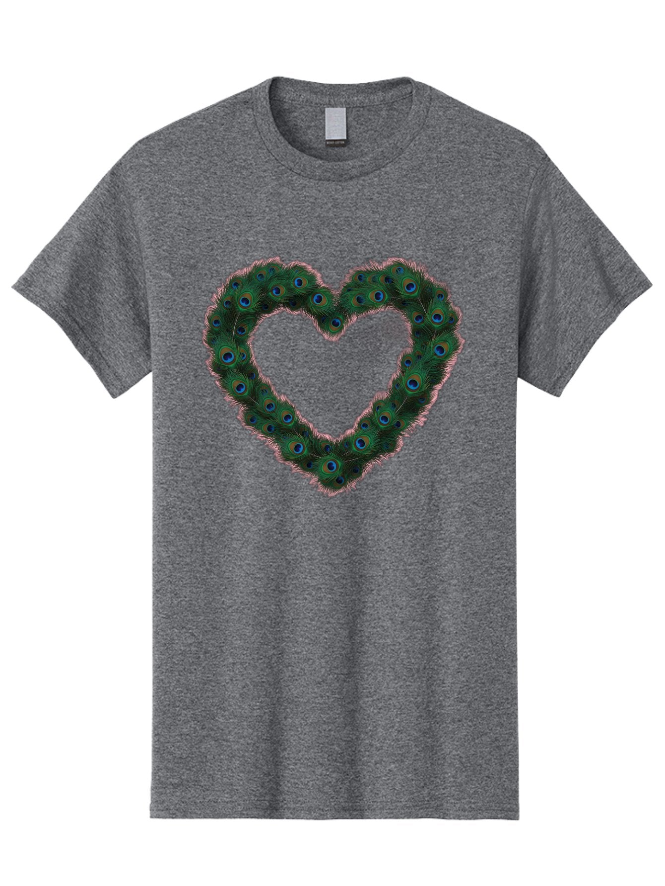 Heart-Shape-Peacock-Feathers Men'S Graphic Tee, 100% Cotton, Comfortable Casual Summer Wear, Machine Washable, Heart Shaped Peacock Feathers, Eye-Catching Design, Vibrant Blue And Green Hues, Symbol Of Love, Decorative Art, Colorful Pattern, Baa790 8