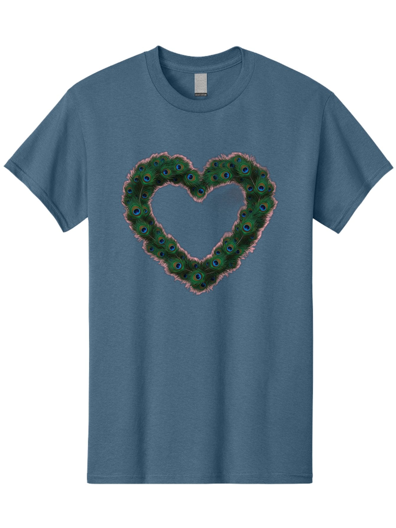 Heart-Shape-Peacock-Feathers Men'S Graphic Tee, 100% Cotton, Comfortable Casual Summer Wear, Machine Washable, Heart Shaped Peacock Feathers, Eye-Catching Design, Vibrant Blue And Green Hues, Symbol Of Love, Decorative Art, Colorful Pattern, Baa790