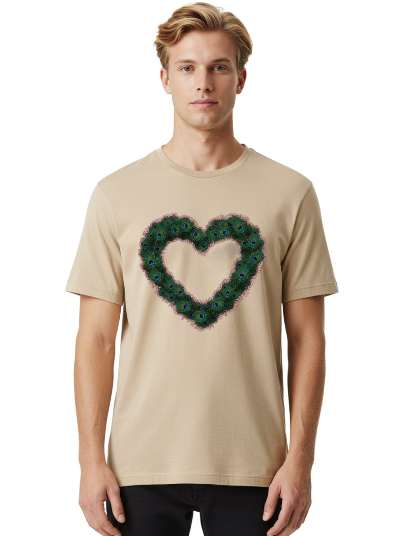 Heart-Shape-Peacock-Feathers Men'S Graphic Tee, 100% Cotton, Comfortable Casual Summer Wear, Machine Washable, Heart Shaped Peacock Feathers, Eye-Catching Design, Vibrant Blue And Green Hues, Symbol Of Love, Decorative Art, Colorful Pattern, Baa790 16