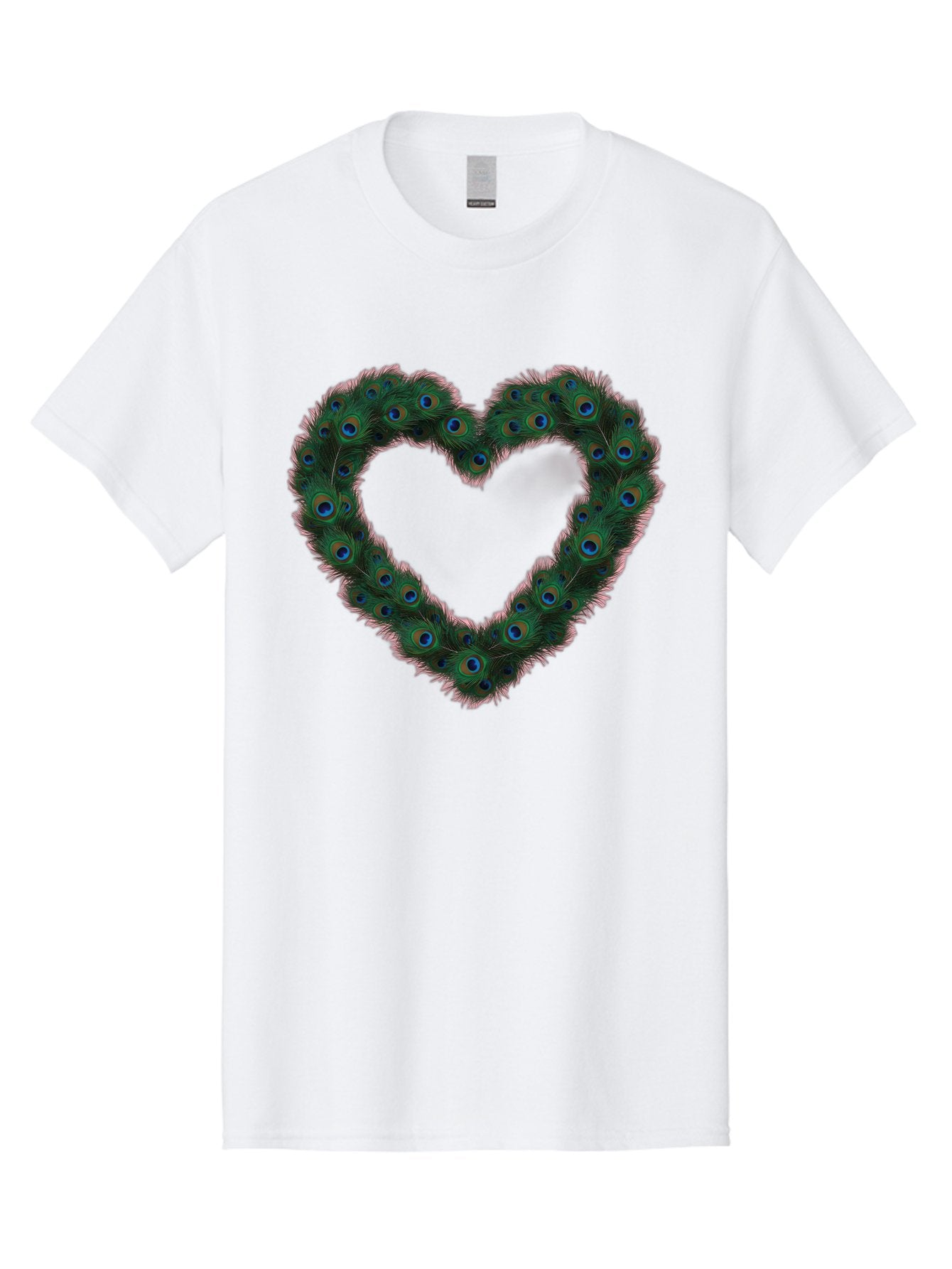 Heart-Shape-Peacock-Feathers Men'S Graphic Tee, 100% Cotton, Comfortable Casual Summer Wear, Machine Washable, Heart Shaped Peacock Feathers, Eye-Catching Design, Vibrant Blue And Green Hues, Symbol Of Love, Decorative Art, Colorful Pattern, Baa790