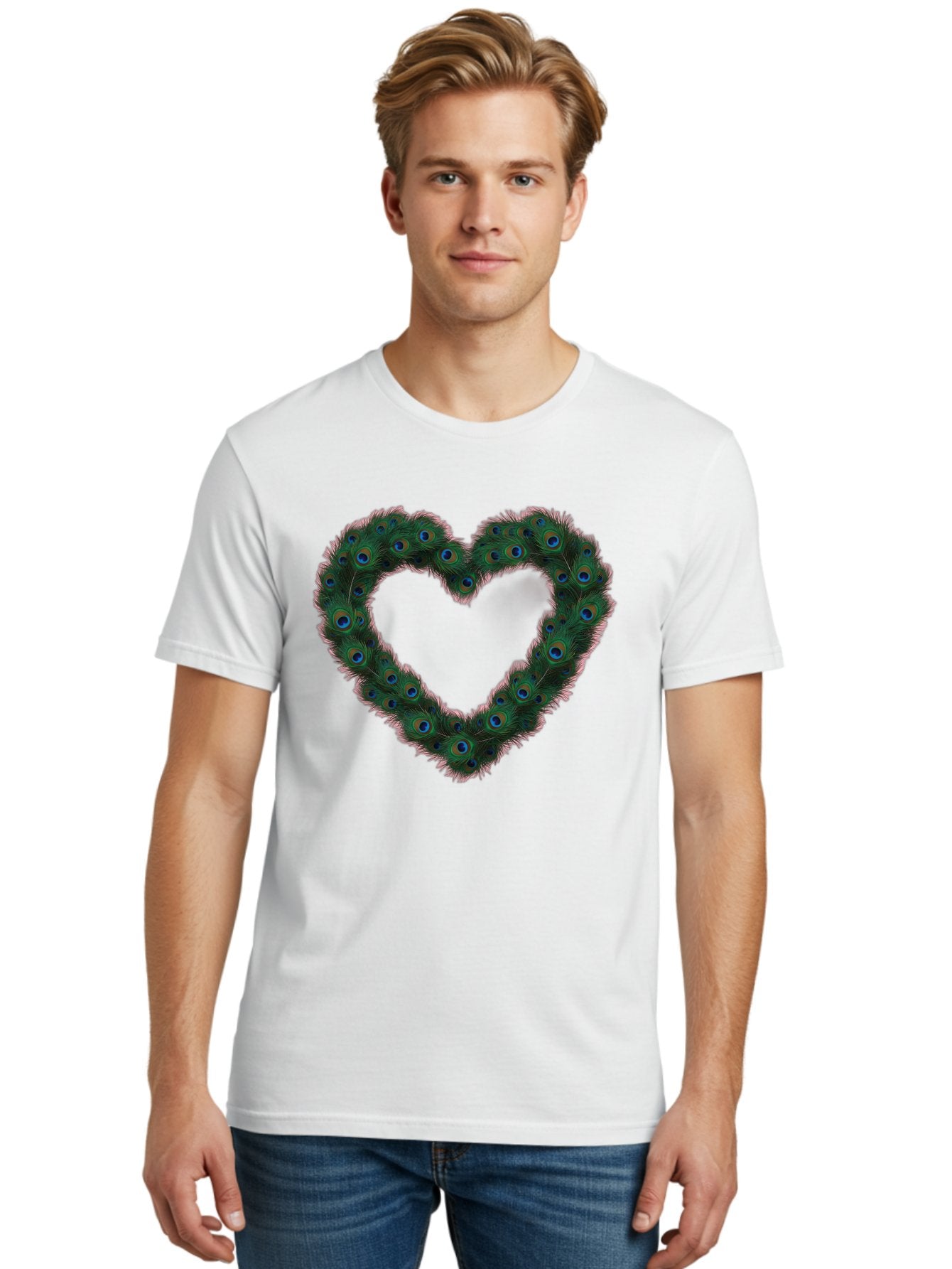 Heart-Shape-Peacock-Feathers Men'S Graphic Tee, 100% Cotton, Comfortable Casual Summer Wear, Machine Washable, Heart Shaped Peacock Feathers, Eye-Catching Design, Vibrant Blue And Green Hues, Symbol Of Love, Decorative Art, Colorful Pattern, Baa790 19