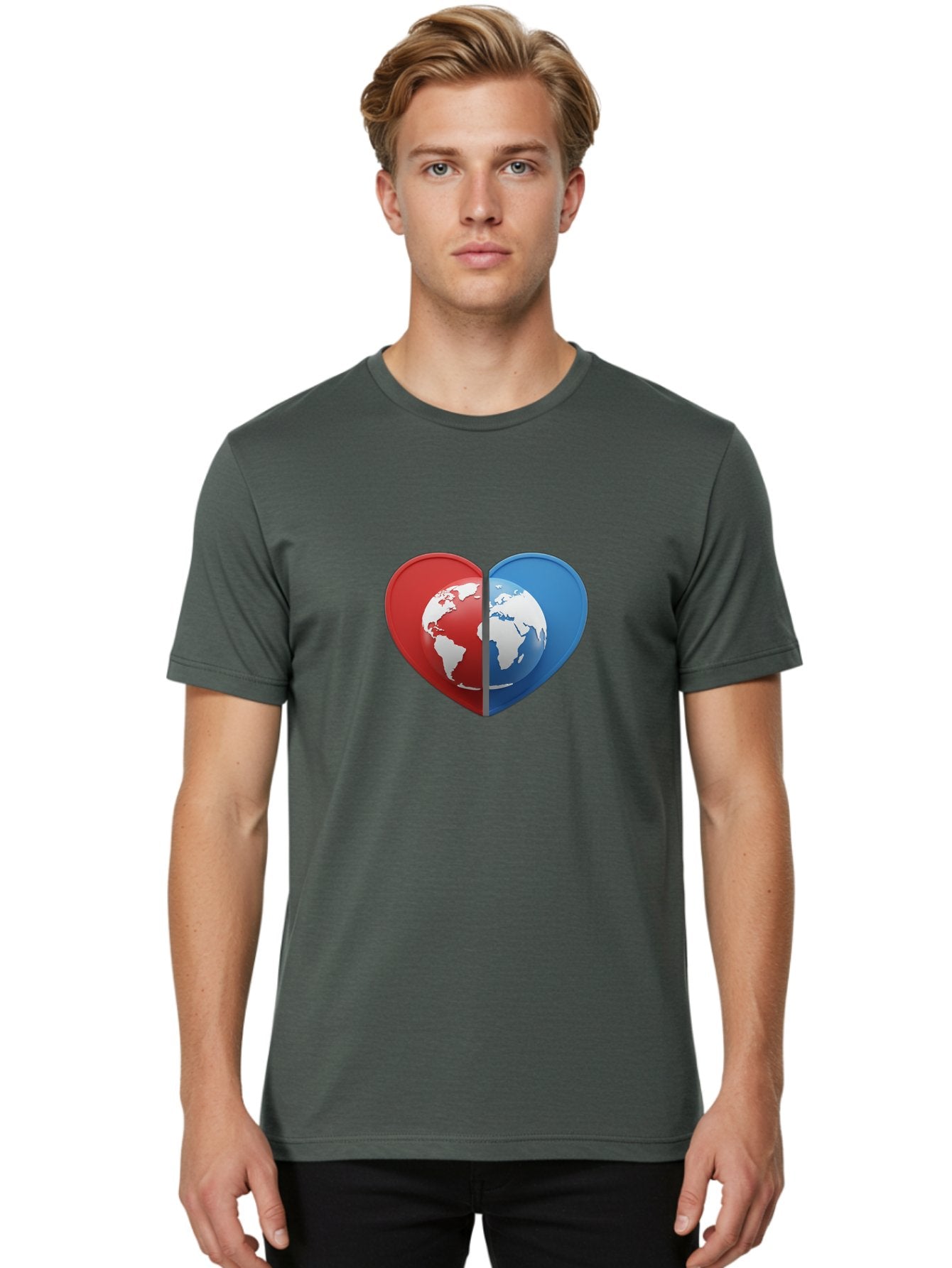 Heart-Shaped-Earth Men'S Graphic Tee, 100% Cotton, Comfortable Casual Summer Wear, Machine Washable, Heart-Shaped Earth, Global Unity, World Love, International Harmony, Earth Symbol, Global Connection, Love For Planet, World Map, Baa791 29