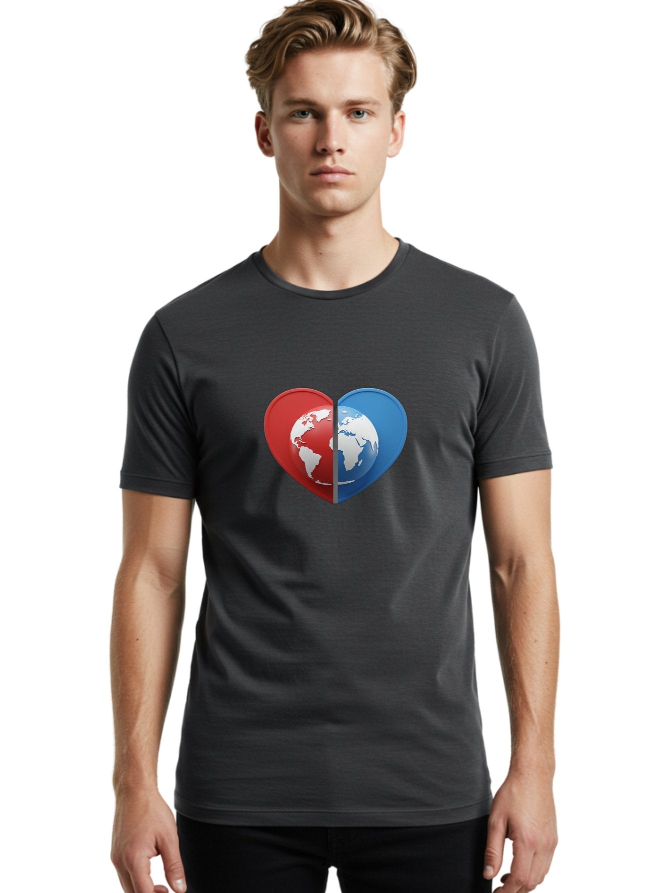 Heart-Shaped-Earth Men'S Graphic Tee, 100% Cotton, Comfortable Casual Summer Wear, Machine Washable, Heart-Shaped Earth, Global Unity, World Love, International Harmony, Earth Symbol, Global Connection, Love For Planet, World Map, Baa791 17