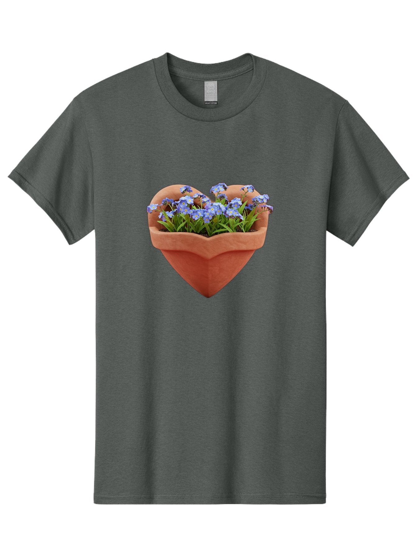 Heart-Shaped-Pot-With-Flowers Men'S Graphic Tee, 100% Cotton, Comfortable Casual Summer Wear, Machine Washable, Heart-Shaped Terracotta Pot, Blooming Blue Flowers, Vibrant Flowers, Fresh Blooms, Floral Arrangement, Flower Pot, Blue Petals, Baa792