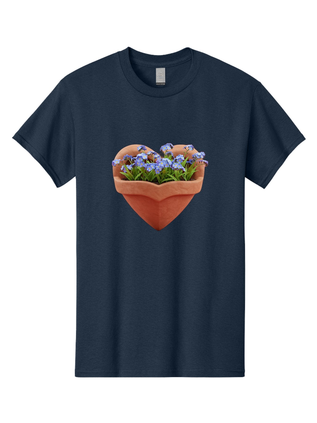 Heart-Shaped-Pot-With-Flowers Men'S Graphic Tee, 100% Cotton, Comfortable Casual Summer Wear, Machine Washable, Heart-Shaped Terracotta Pot, Blooming Blue Flowers, Vibrant Flowers, Fresh Blooms, Floral Arrangement, Flower Pot, Blue Petals, Baa792