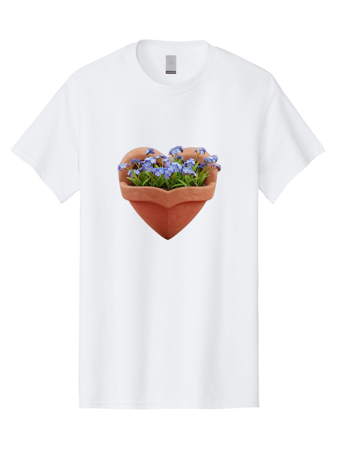 Heart-Shaped-Pot-With-Flowers Men'S Graphic Tee, 100% Cotton, Comfortable Casual Summer Wear, Machine Washable, Heart-Shaped Terracotta Pot, Blooming Blue Flowers, Vibrant Flowers, Fresh Blooms, Floral Arrangement, Flower Pot, Blue Petals, Baa792 12