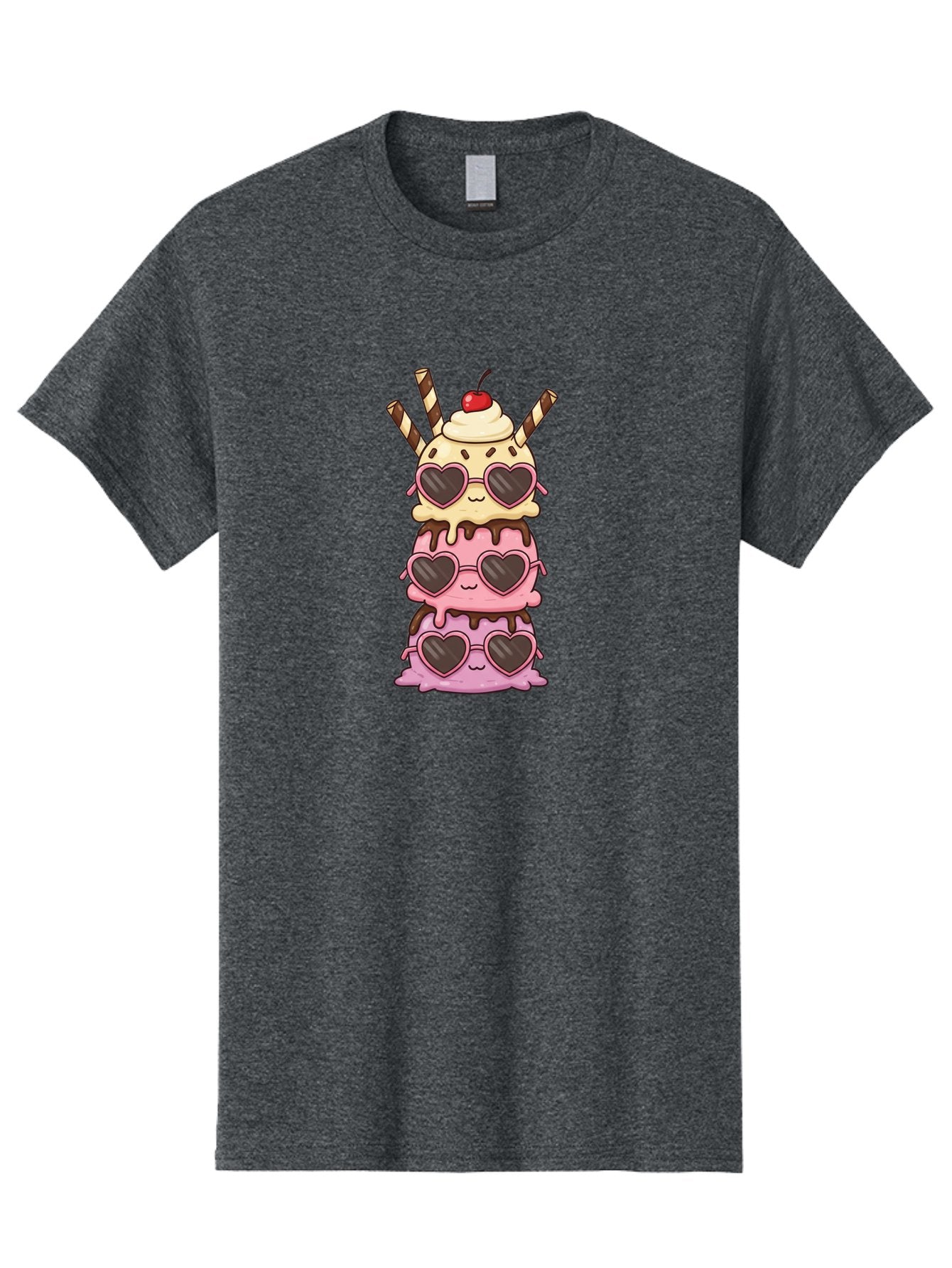 Heart-Sunglasses-Ice-Cream Men'S Graphic Tee, 100% Cotton, Comfortable Casual Summer Wear, Machine Washable, Stacked Ice Cream, Heart Shaped Sunglasses, Strawberry Ice Cream, Chocolate Sauce, Whipped Cream, Cherry On Top, Striped Straws, Baa793