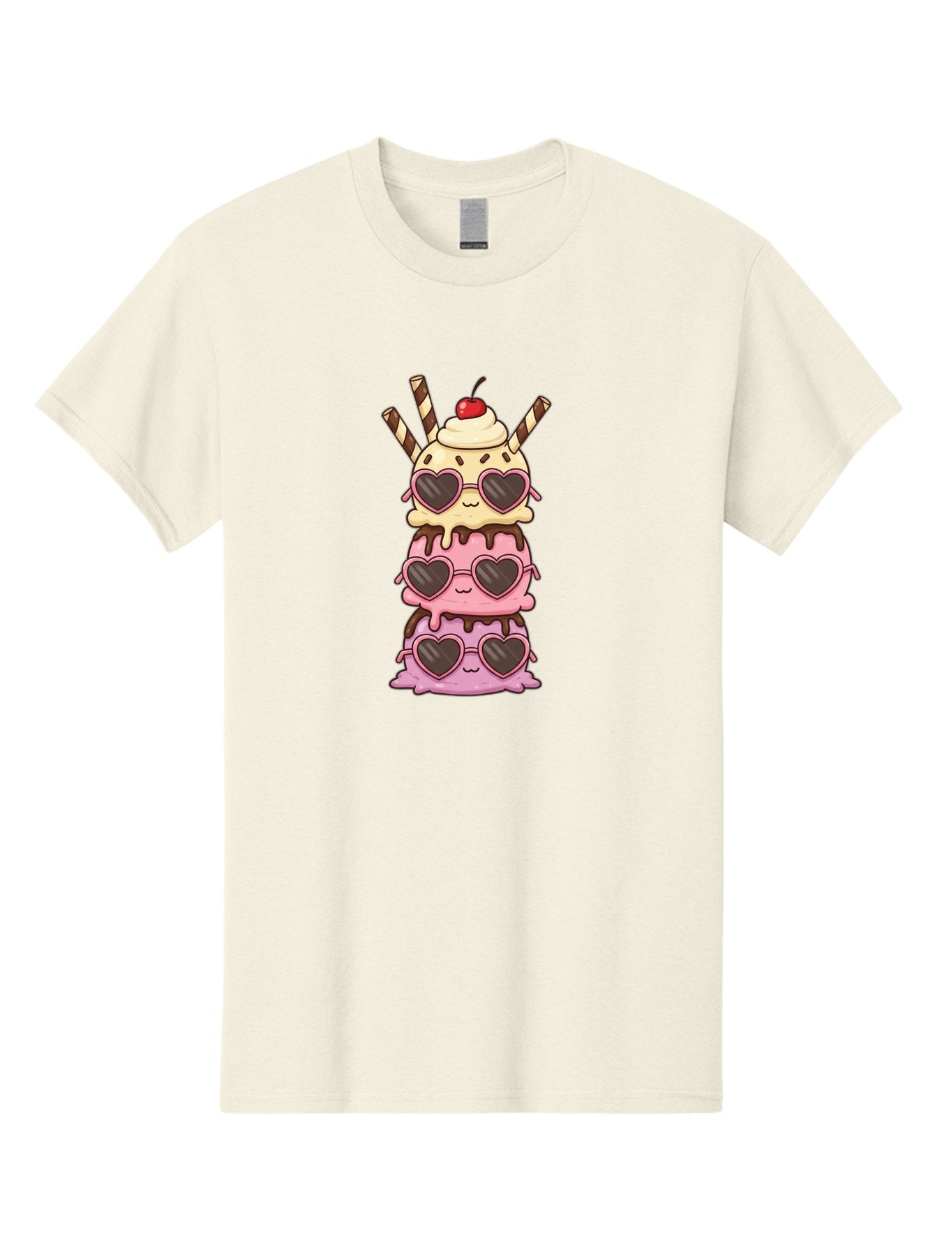 Heart-Sunglasses-Ice-Cream Men'S Graphic Tee, 100% Cotton, Comfortable Casual Summer Wear, Machine Washable, Stacked Ice Cream, Heart Shaped Sunglasses, Strawberry Ice Cream, Chocolate Sauce, Whipped Cream, Cherry On Top, Striped Straws, Baa793 15