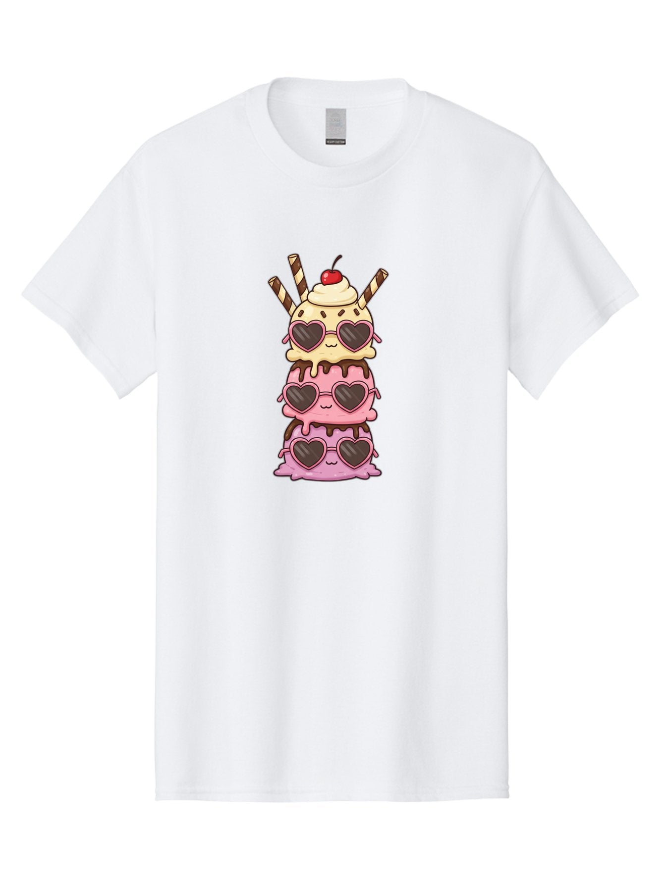 Heart-Sunglasses-Ice-Cream Men'S Graphic Tee, 100% Cotton, Comfortable Casual Summer Wear, Machine Washable, Stacked Ice Cream, Heart Shaped Sunglasses, Strawberry Ice Cream, Chocolate Sauce, Whipped Cream, Cherry On Top, Striped Straws, Baa793 8