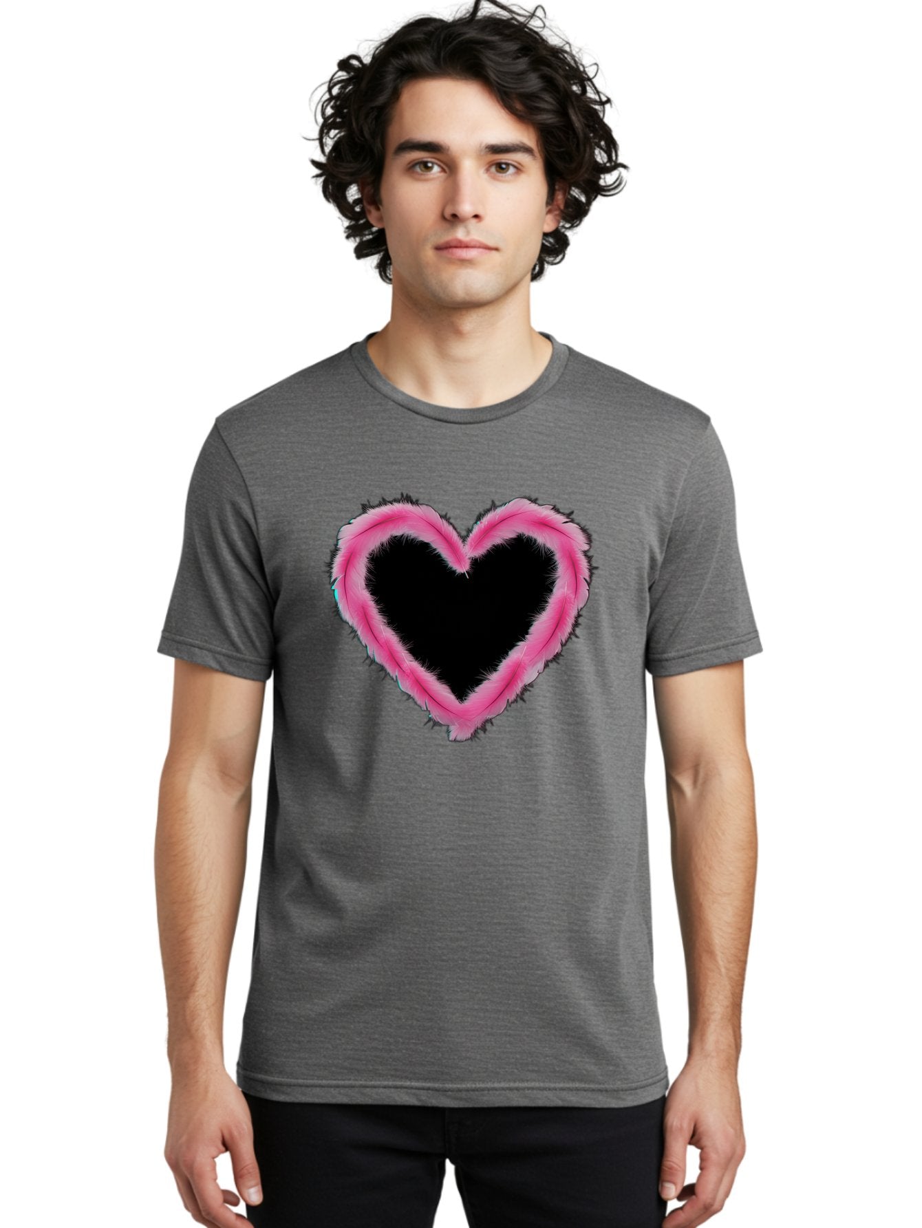 Heart Men'S Graphic Tee, 100% Cotton, Comfortable Casual Summer Wear, Machine Washable, Pink Feather Heart, Fluffy Heart, Romantic Symbol, Fuzzy Love, Heart Shape, Feather Design, Cute Graphics, Valentine'S Icon Baa794 21