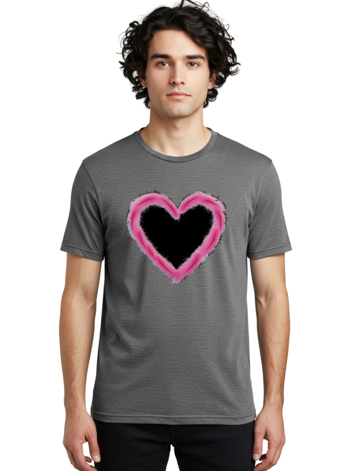 Heart Men'S Graphic Tee, 100% Cotton, Comfortable Casual Summer Wear, Machine Washable, Pink Feather Heart, Fluffy Heart, Romantic Symbol, Fuzzy Love, Heart Shape, Feather Design, Cute Graphics, Valentine'S Icon Baa794 20