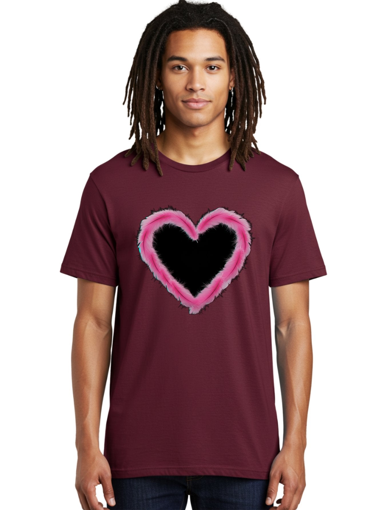 Heart Men'S Graphic Tee, 100% Cotton, Comfortable Casual Summer Wear, Machine Washable, Pink Feather Heart, Fluffy Heart, Romantic Symbol, Fuzzy Love, Heart Shape, Feather Design, Cute Graphics, Valentine'S Icon Baa794 26